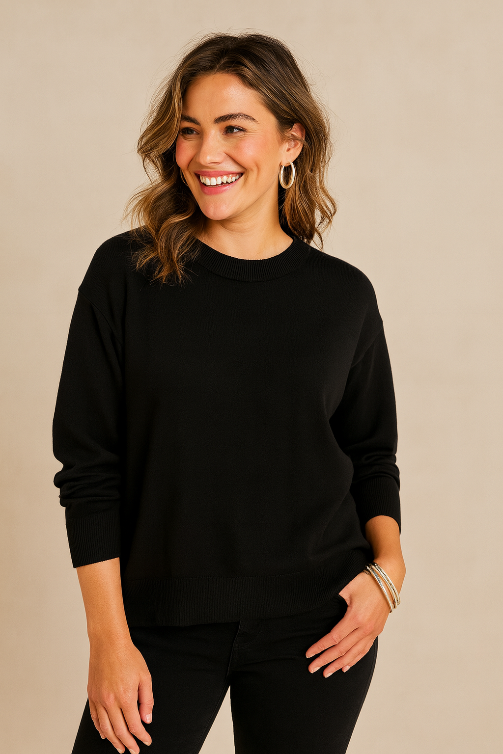 Drop Shoulder Crew Neck Sweater: Black / L