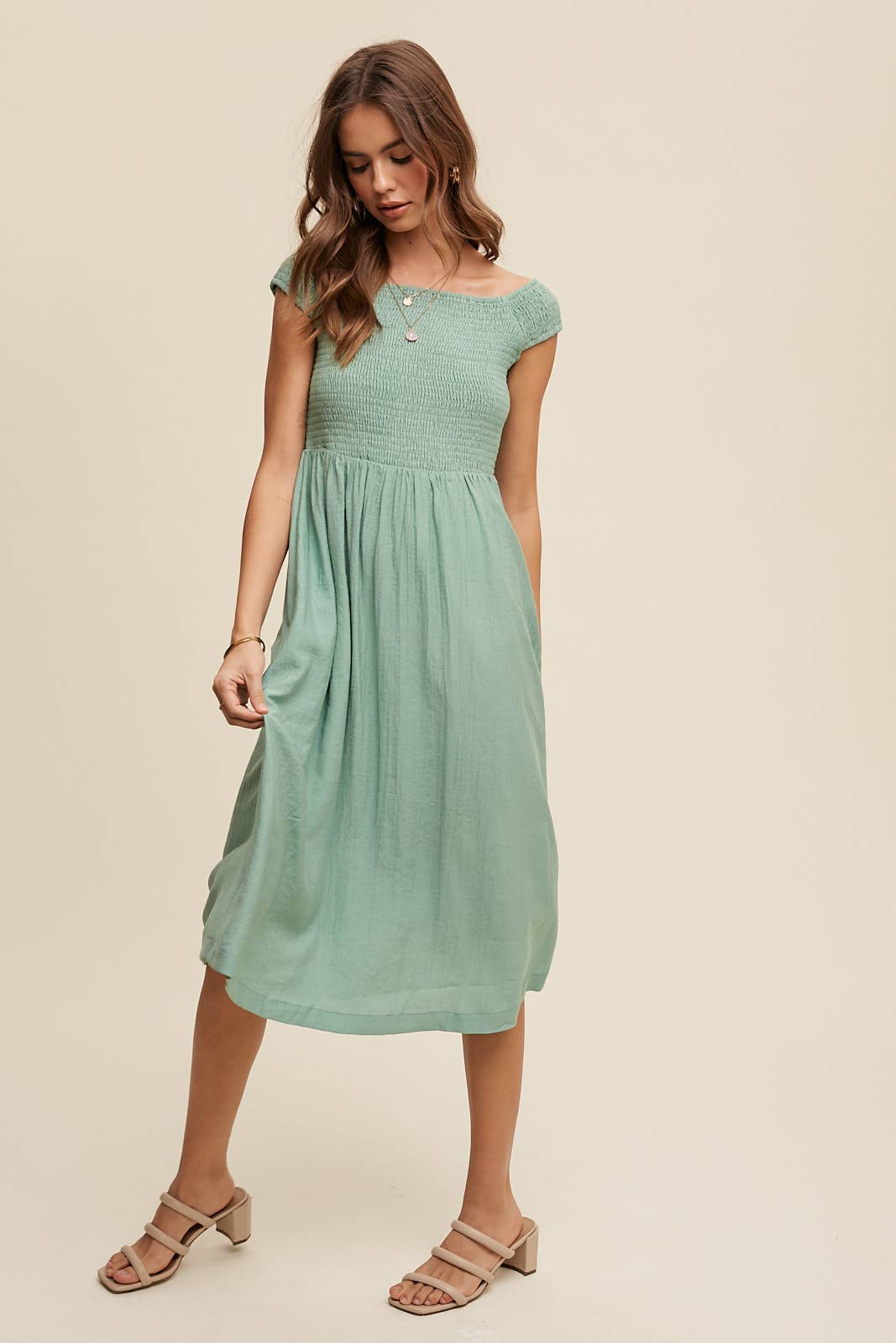 Smocked Bodice Cotton Midi Dress: Pink / S / M / L
