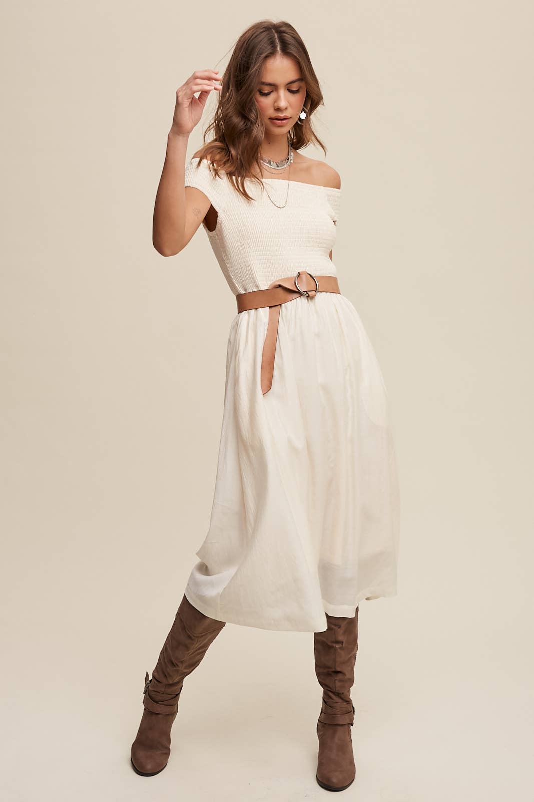 Smocked Bodice Cotton Midi Dress: Pink / S / M / L