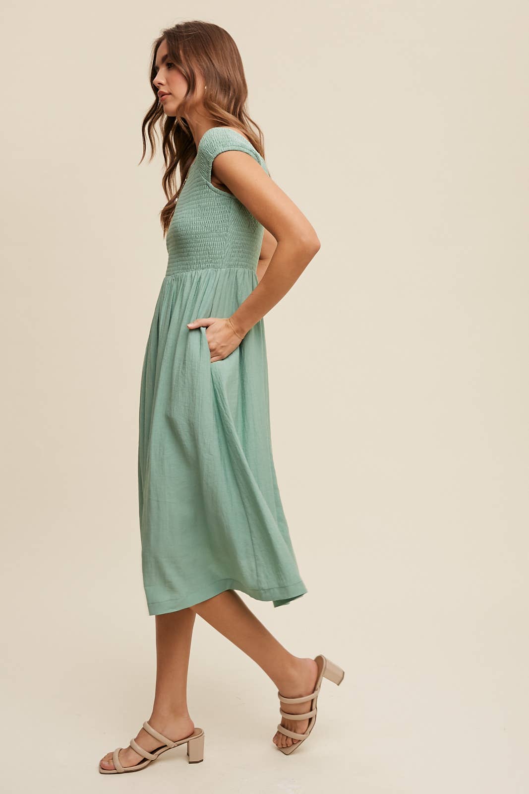 Smocked Bodice Cotton Midi Dress: Pink / S / M / L