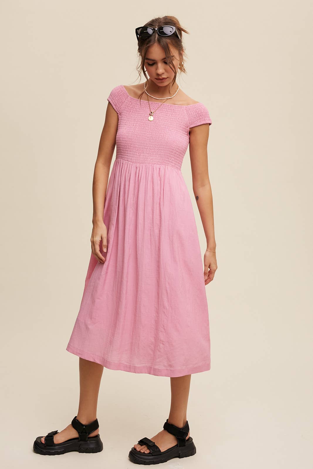 Smocked Bodice Cotton Midi Dress: Pink / S / M / L