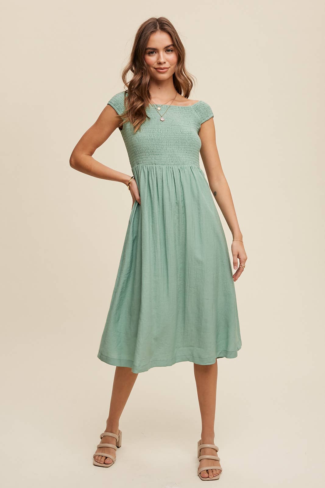 Smocked Bodice Cotton Midi Dress: Pink / S / M / L