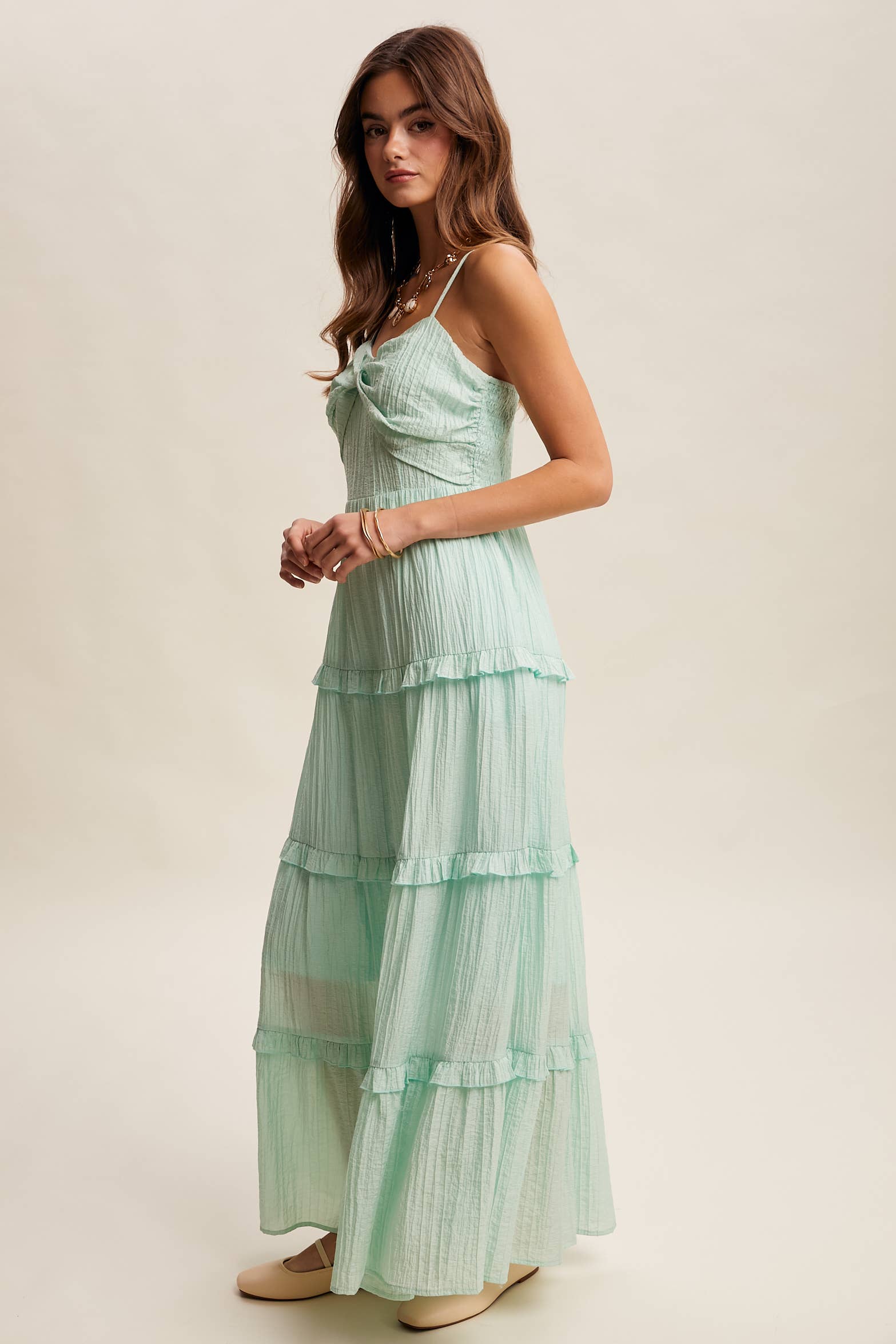 Tiered Spaghetti Strap Maxi Dress LD1393: Peach Coral / S /M/L