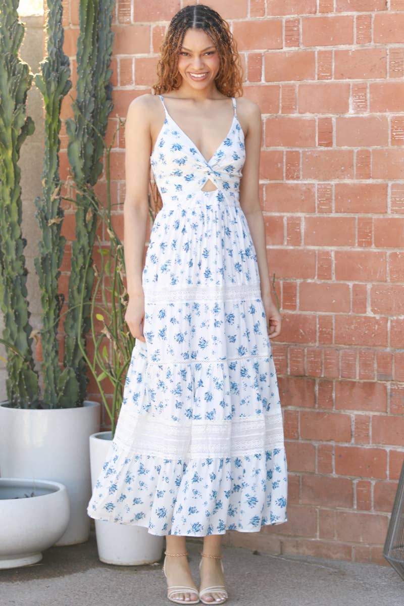 FLORAL V NECK TWIST FRONT CUT OUT MAXI DRESS WITH LACE: SMALL/MEDIUM/LARGE
