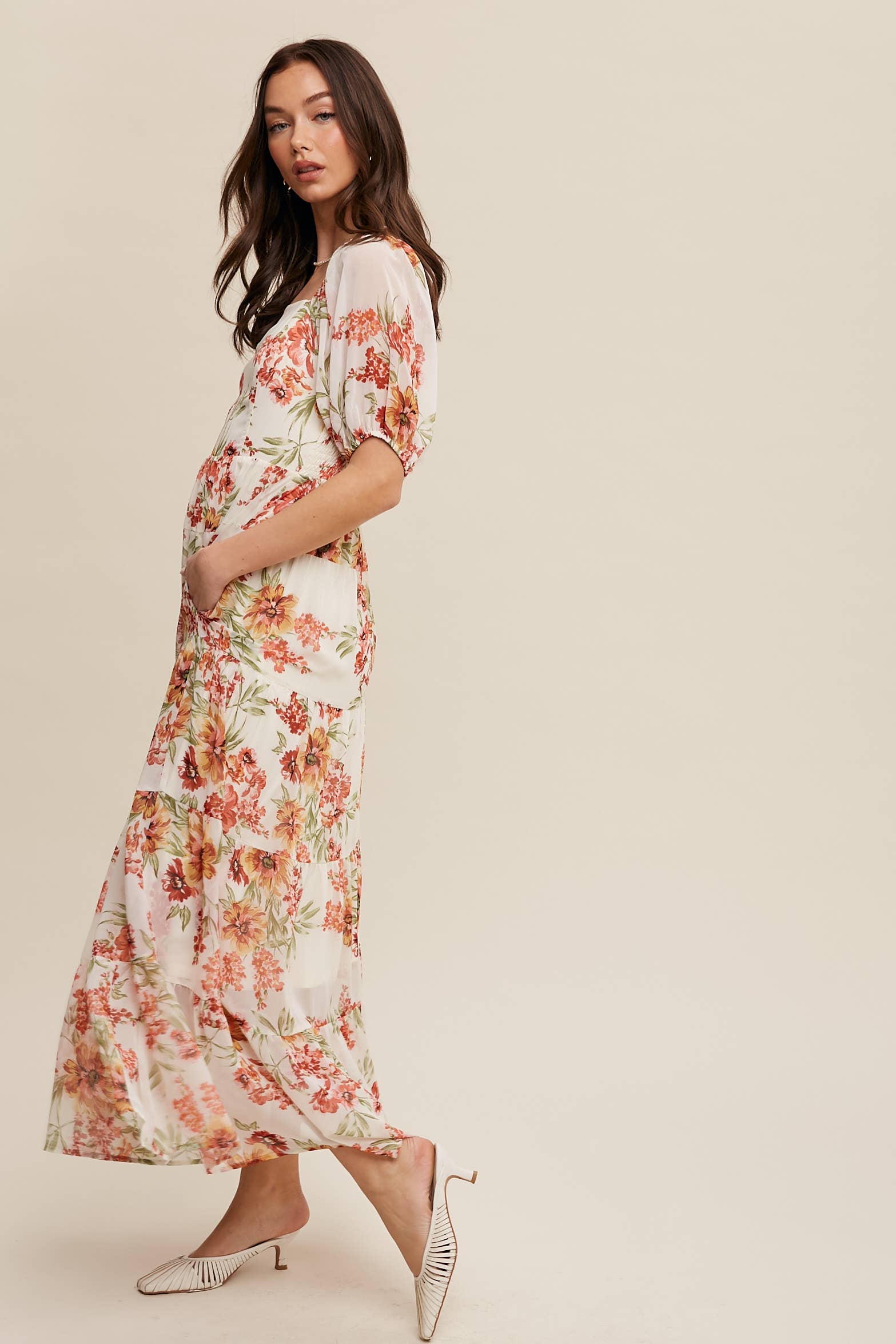 Floral Tiered Maxi Dress: Cream / L