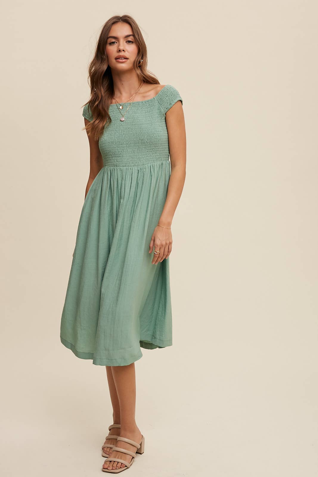 Smocked Bodice Cotton Midi Dress: Pink / S / M / L