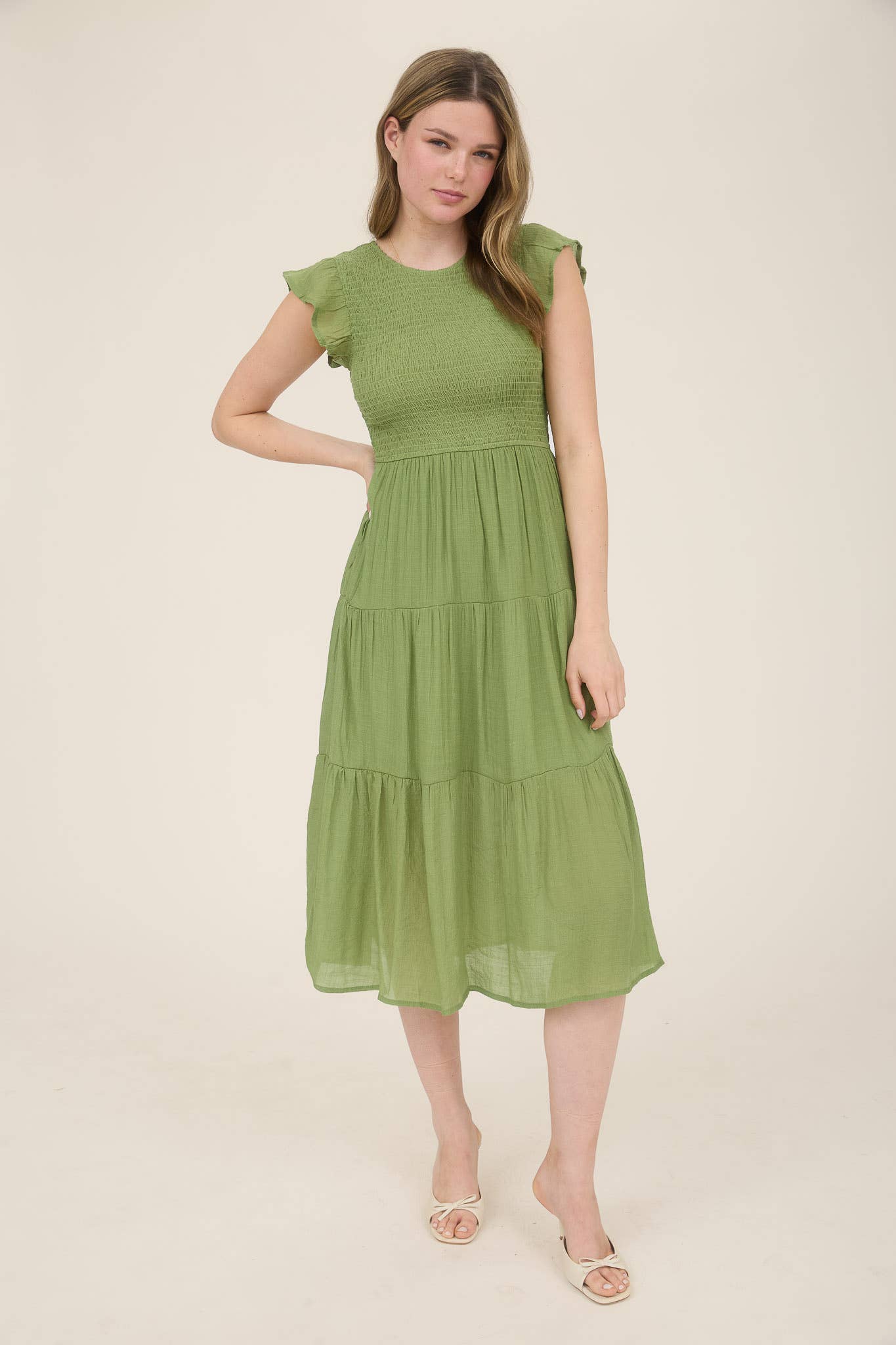 WOMEN SMOCKED TIERED MIDI DRESS HOT PINK S/M/L