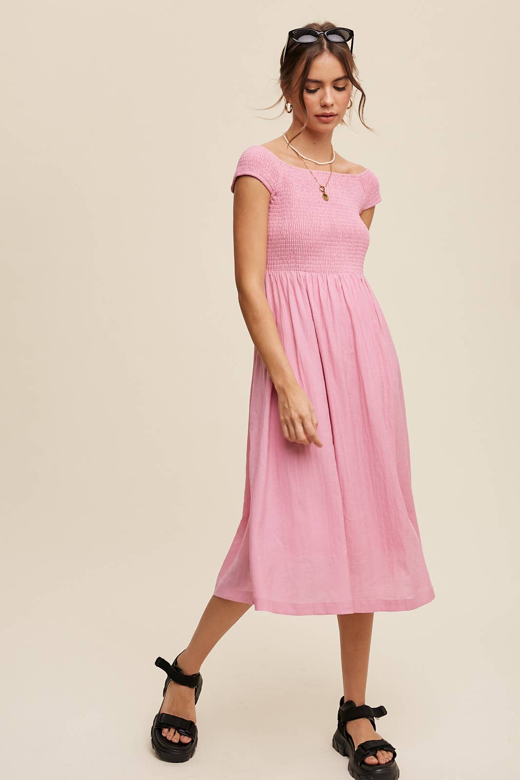 Smocked Bodice Cotton Midi Dress: Pink / S / M / L