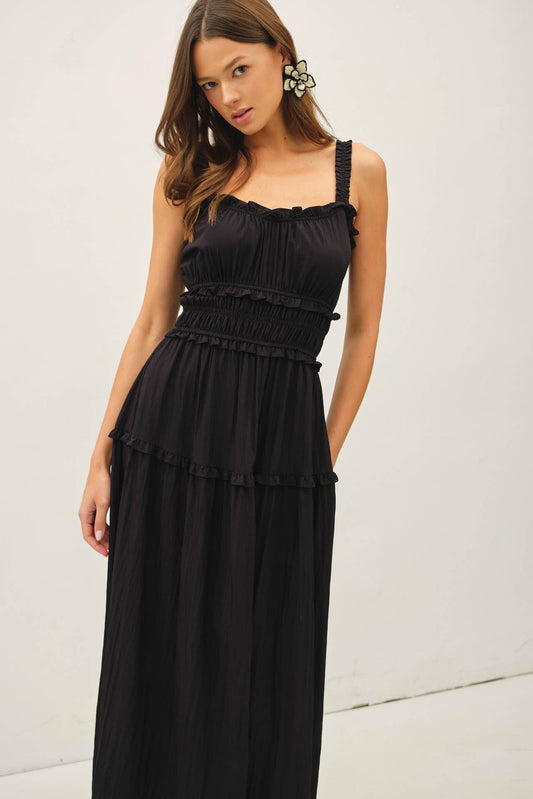 BLACK WOMEN CRISPY COTTON RUFFLEED BABYDOLL DRESS : Black / L