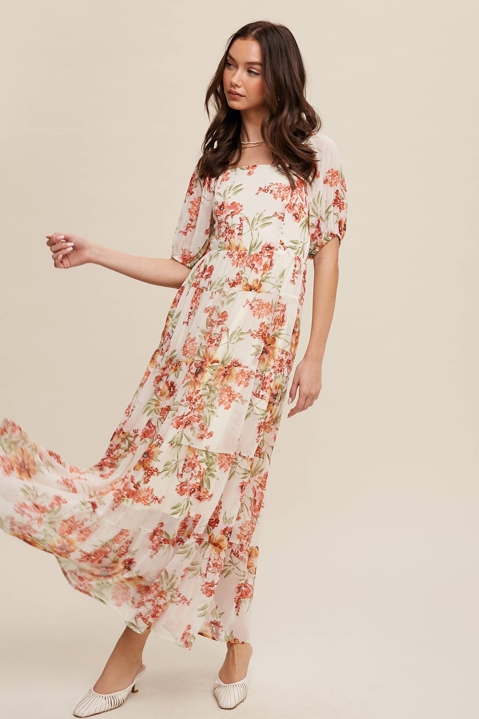 Floral Tiered Maxi Dress: Cream / S