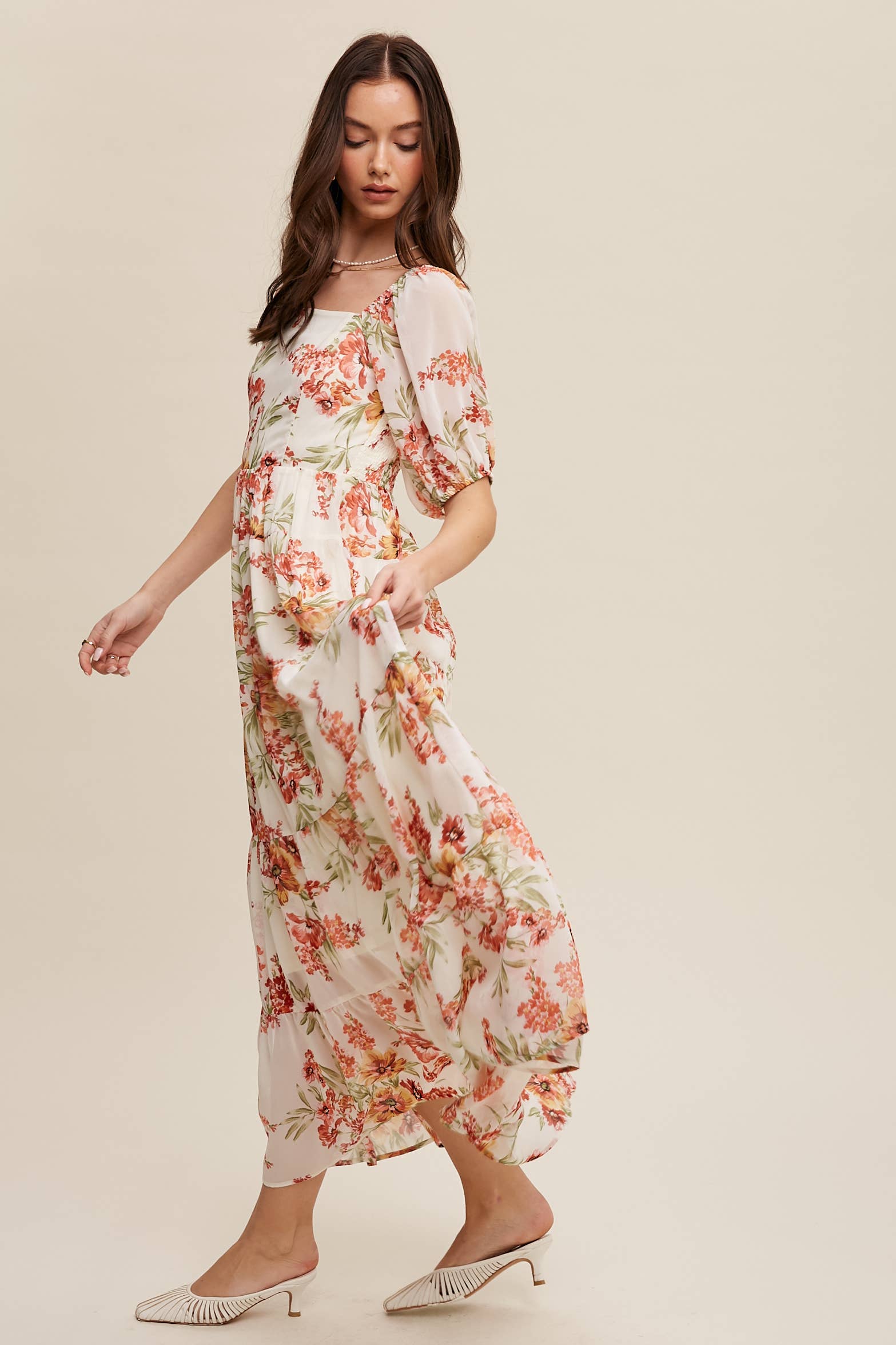 Floral Tiered Maxi Dress: Cream / L