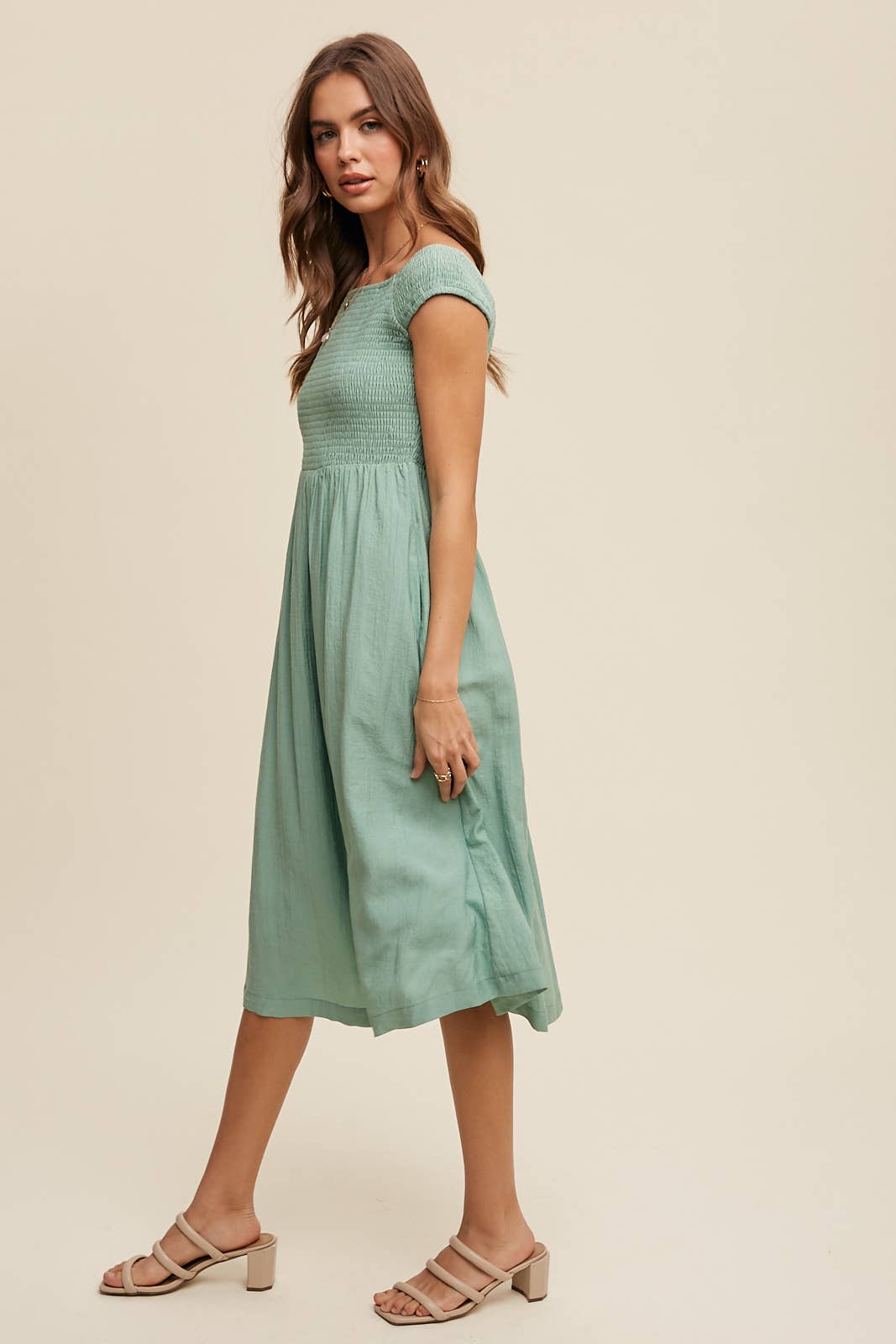 Smocked Bodice Cotton Midi Dress: Pink / S / M / L