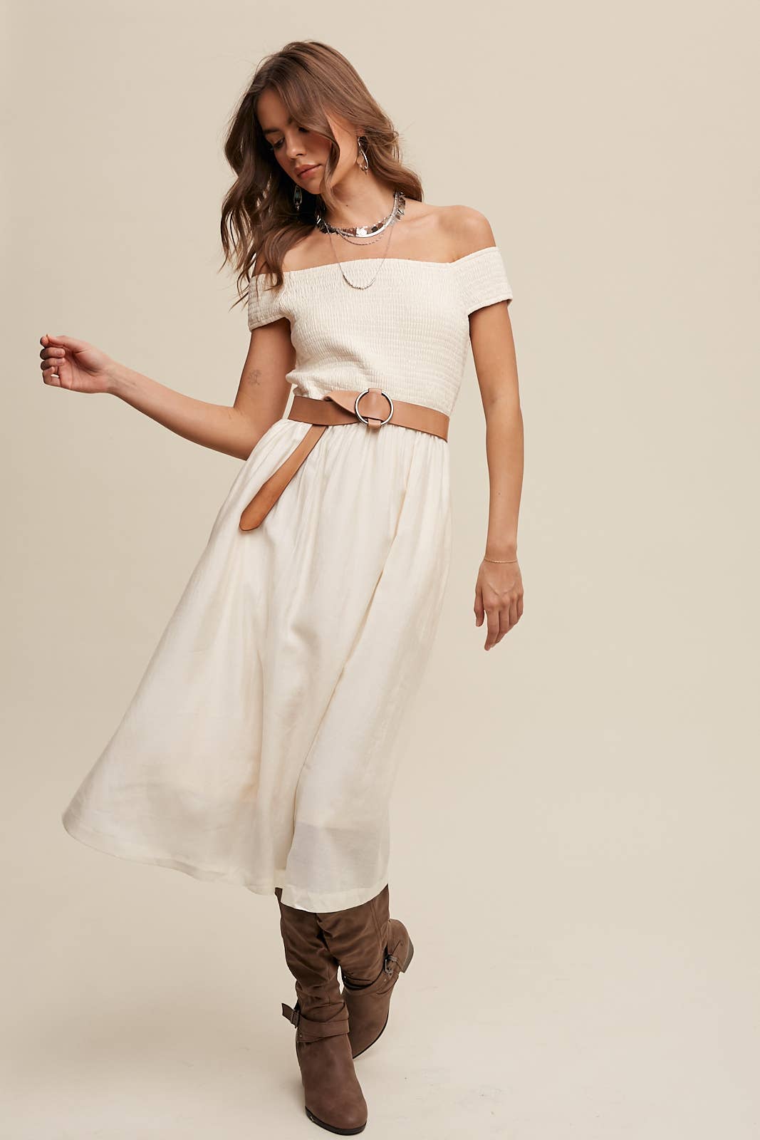 Smocked Bodice Cotton Midi Dress: Pink / S / M / L