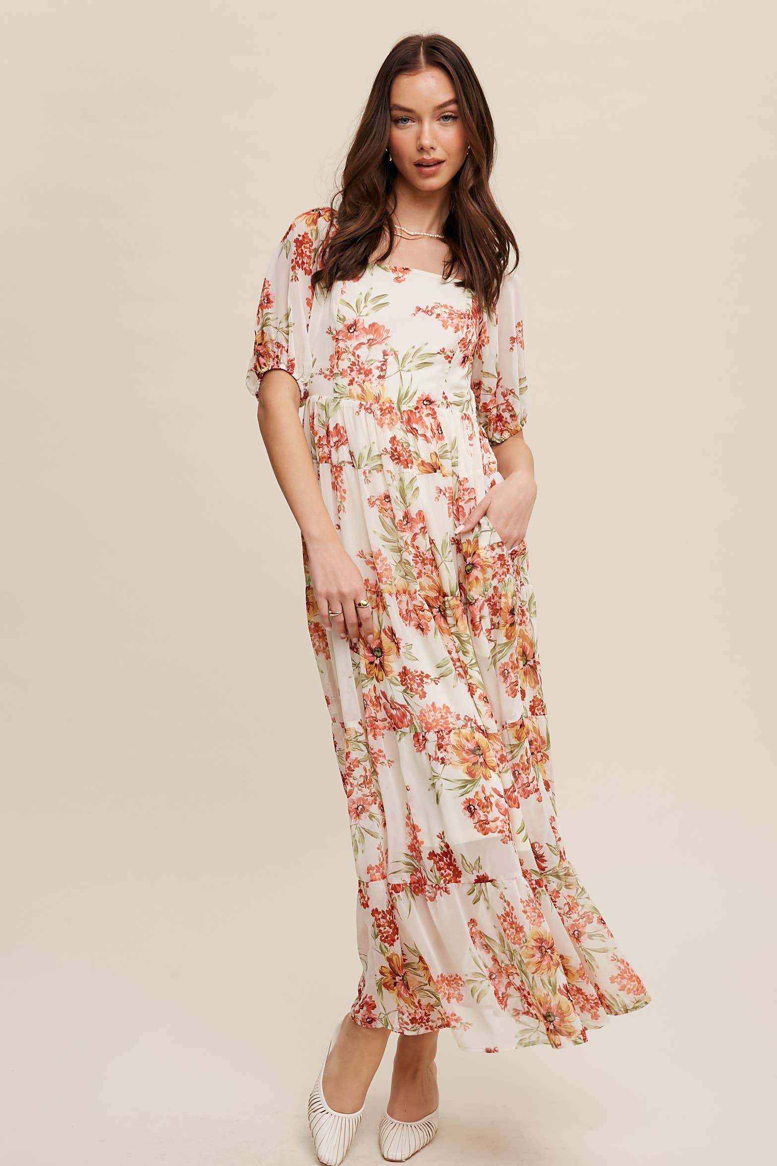 Floral Tiered Maxi Dress: Cream / L
