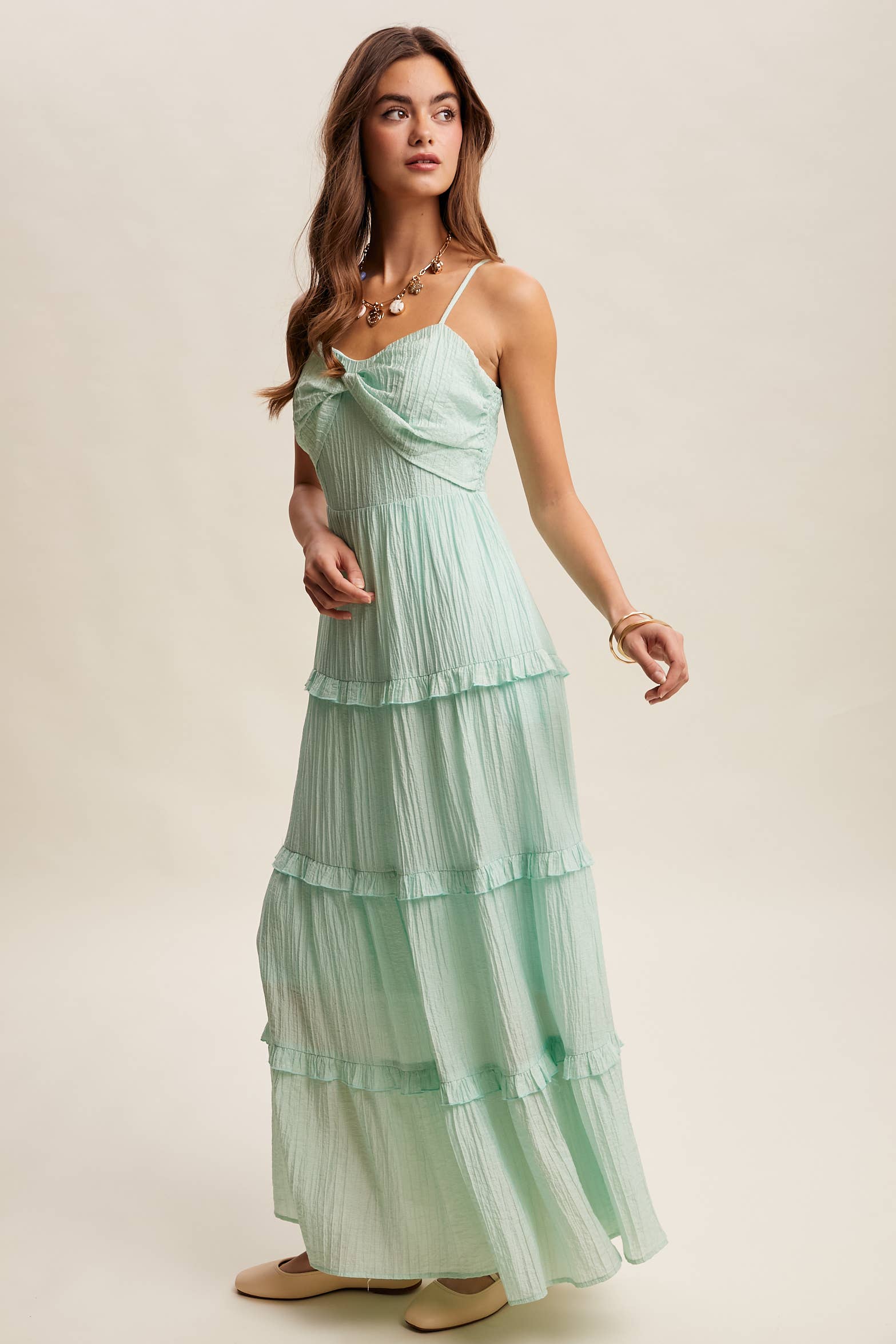 Tiered Spaghetti Strap Maxi Dress LD1393: Peach Coral / S /M/L