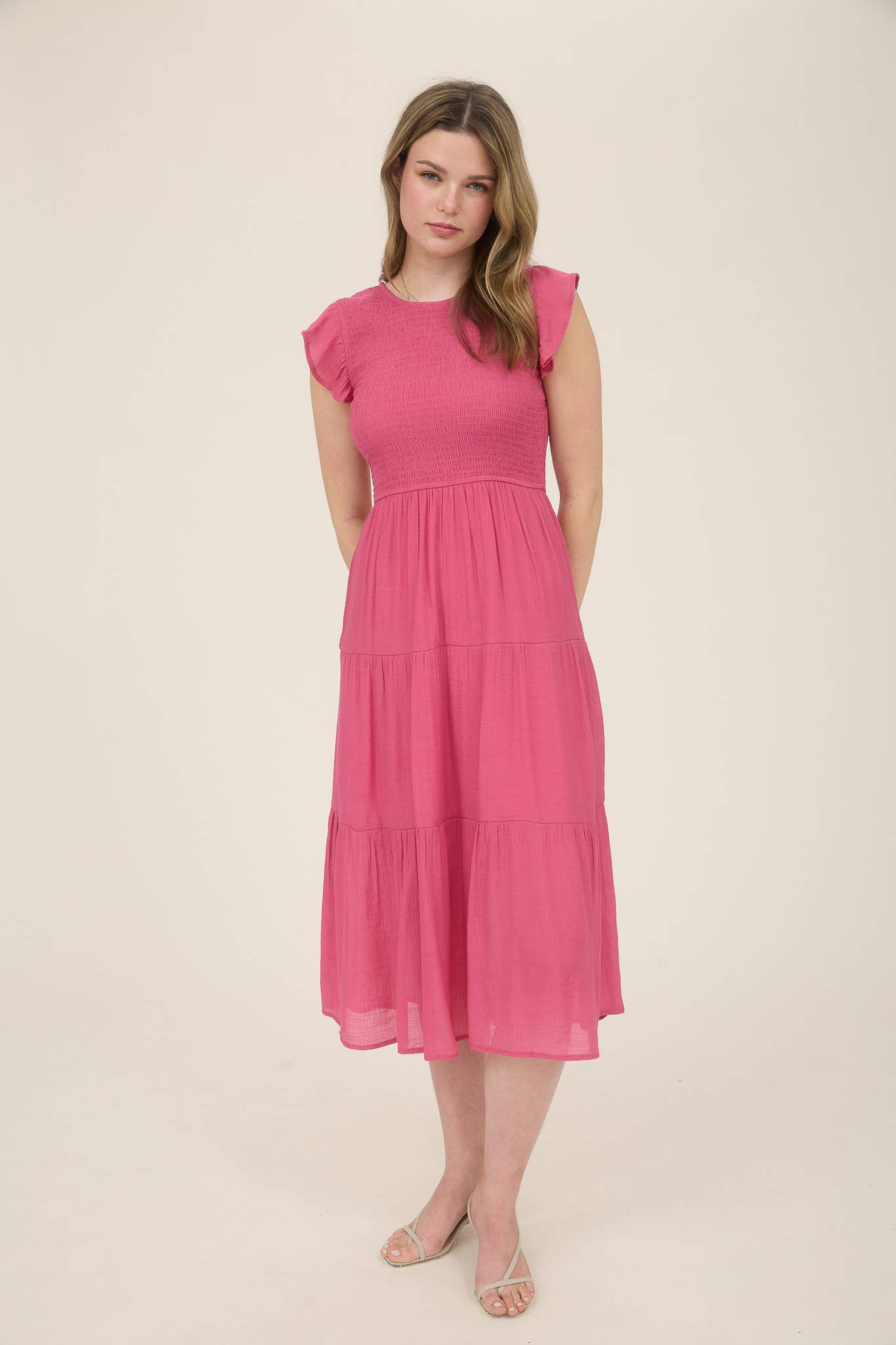 WOMEN SMOCKED TIERED MIDI DRESS HOT PINK S/M/L