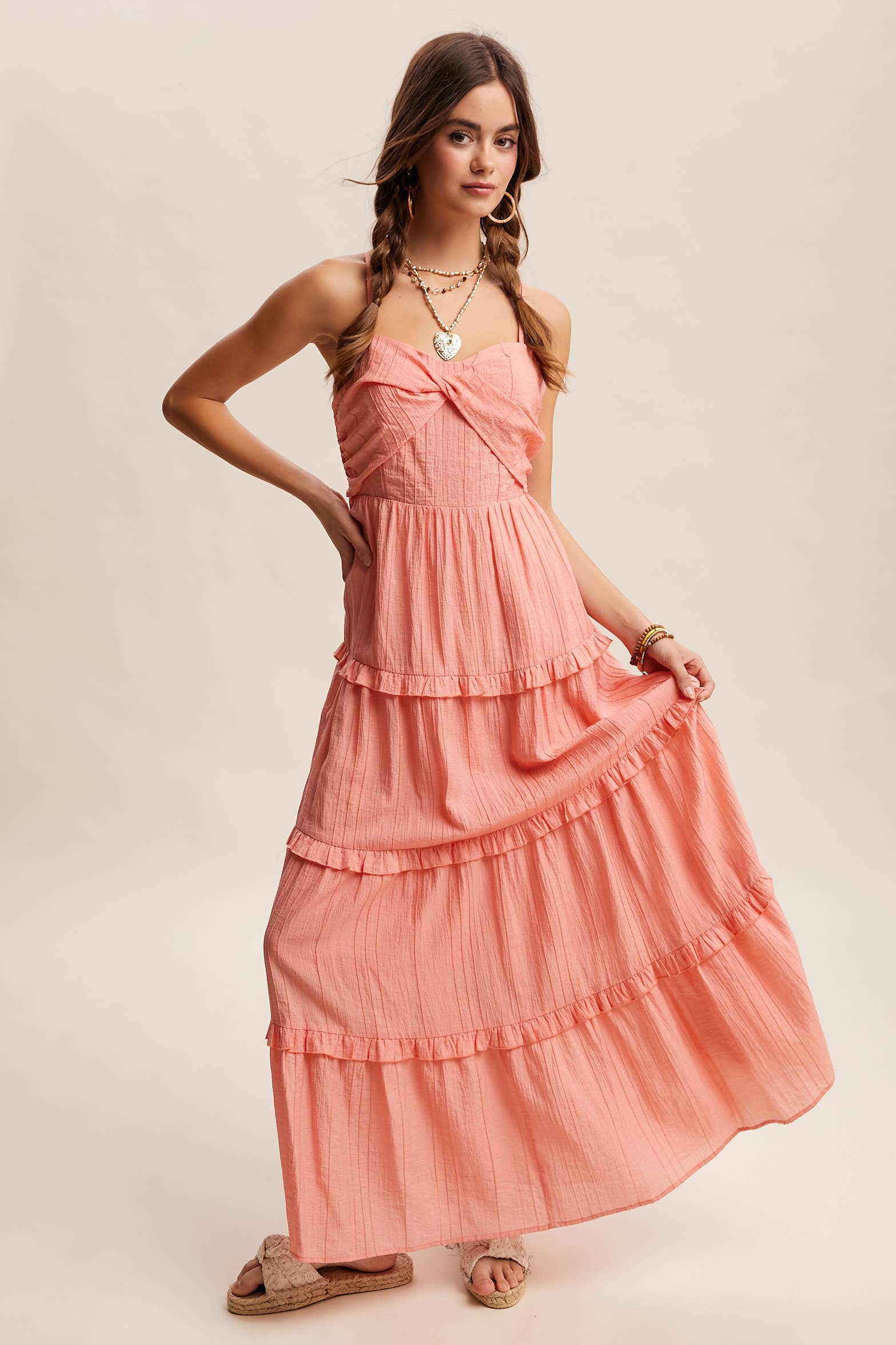 Tiered Spaghetti Strap Maxi Dress LD1393: Peach Coral / S /M/L