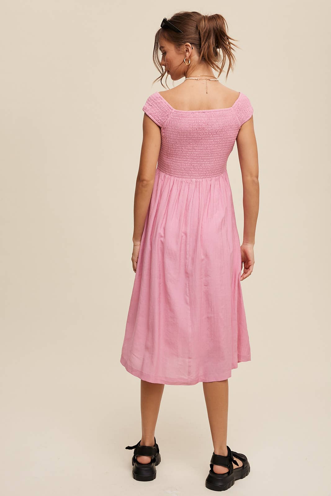 Smocked Bodice Cotton Midi Dress: Pink / S / M / L