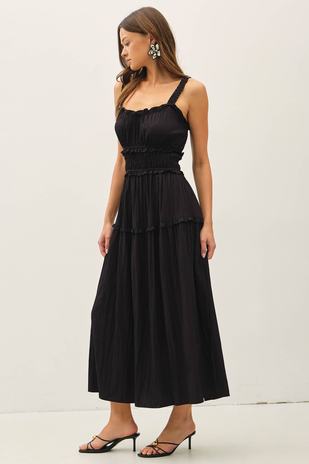 CRISPY COTTON RUFFLEED BABYDOLL DRESS : Black / S