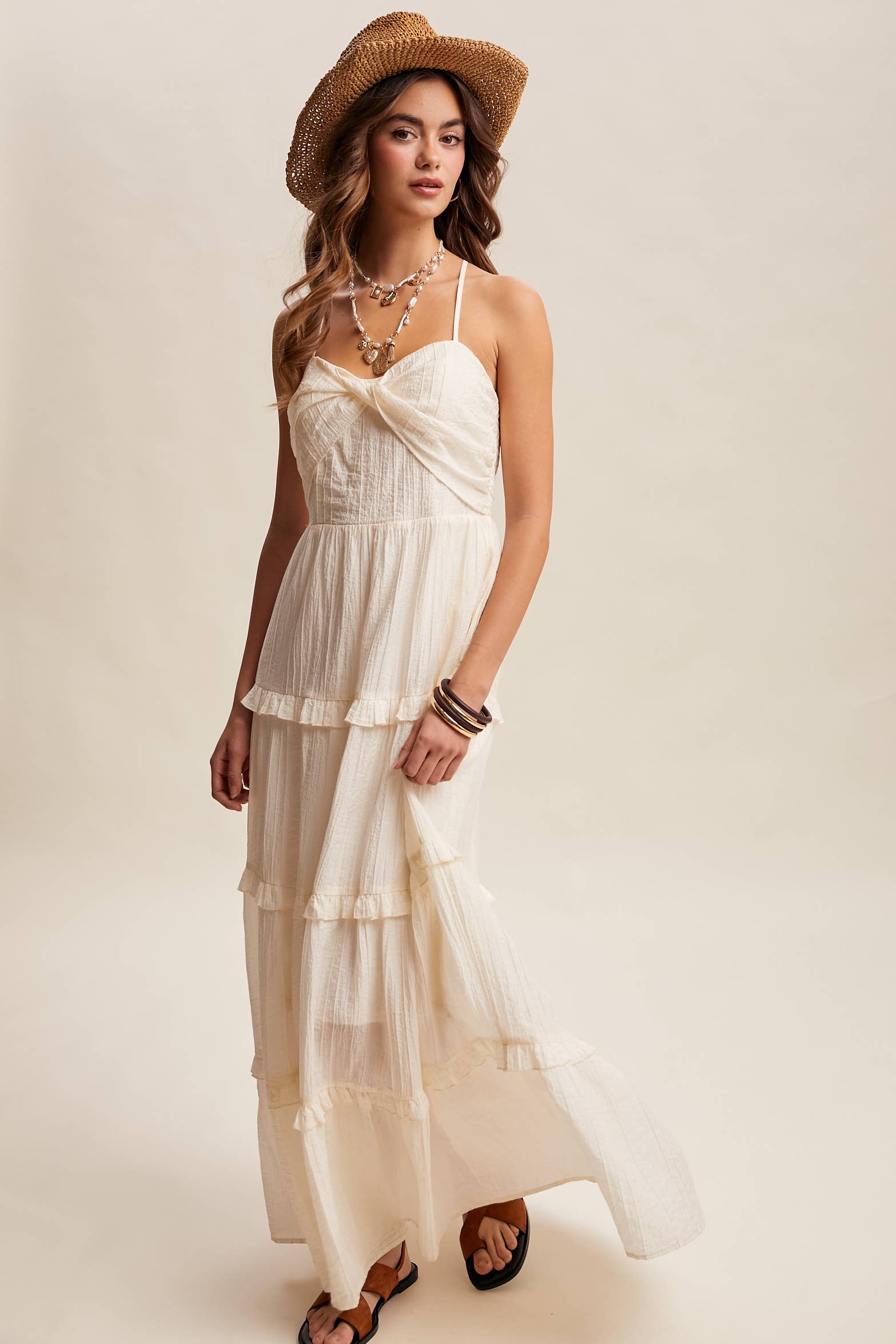 Tiered Spaghetti Strap Maxi Dress LD1393: Peach Coral / S /M/L