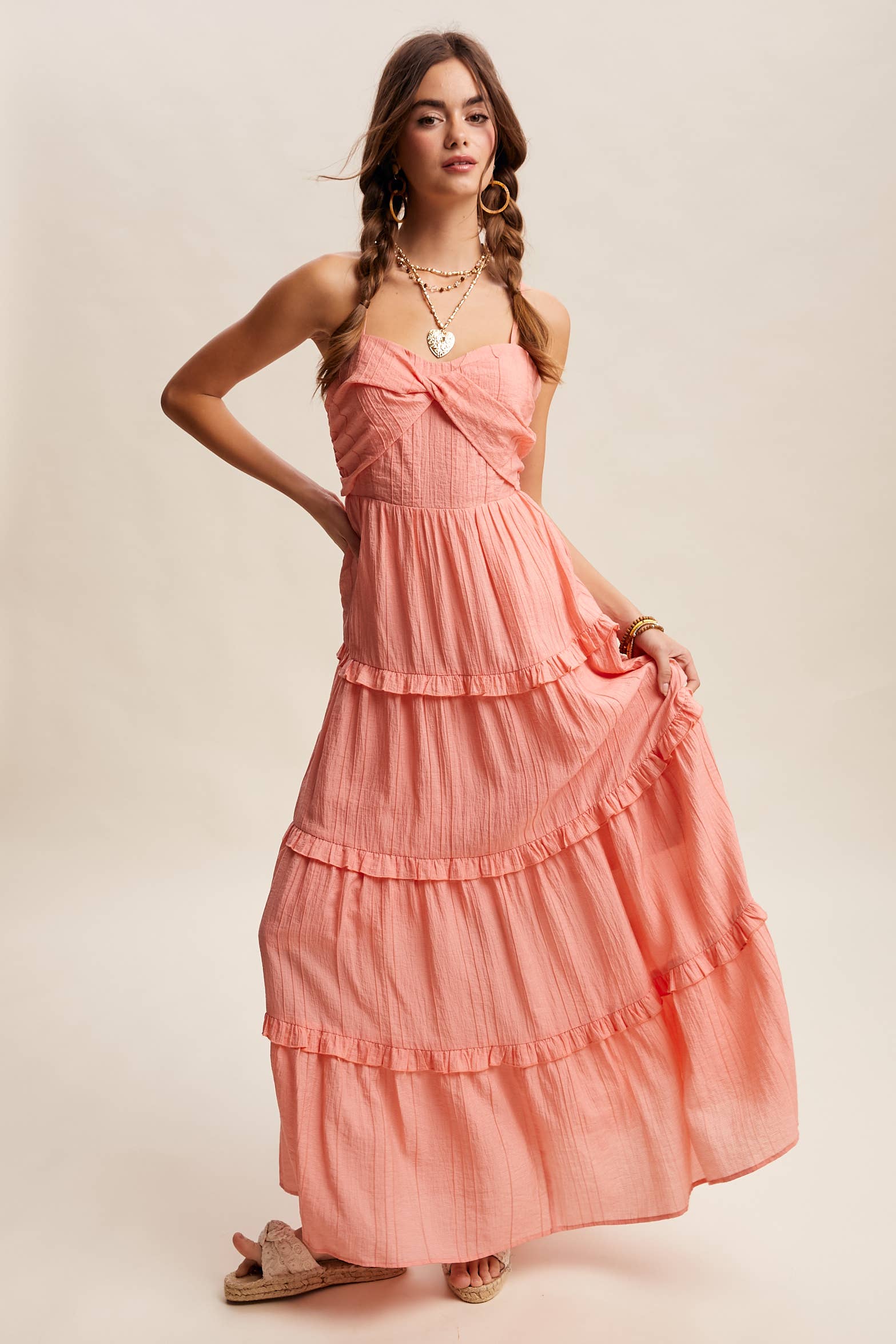 Tiered Spaghetti Strap Maxi Dress LD1393: Cream / Small/ Medium/ Large