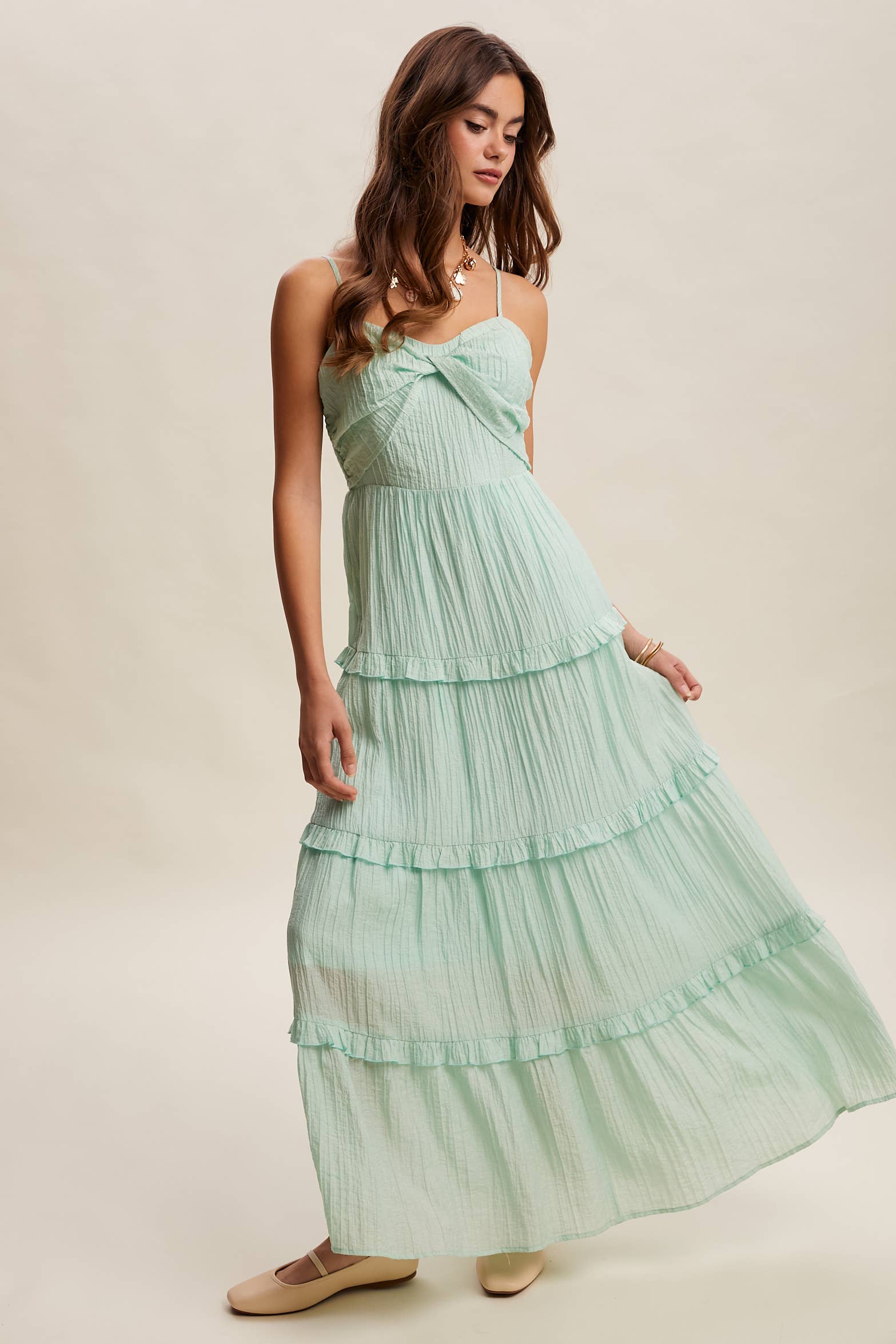 Tiered Spaghetti Strap Maxi Dress LD1393: Peach Coral / S /M/L