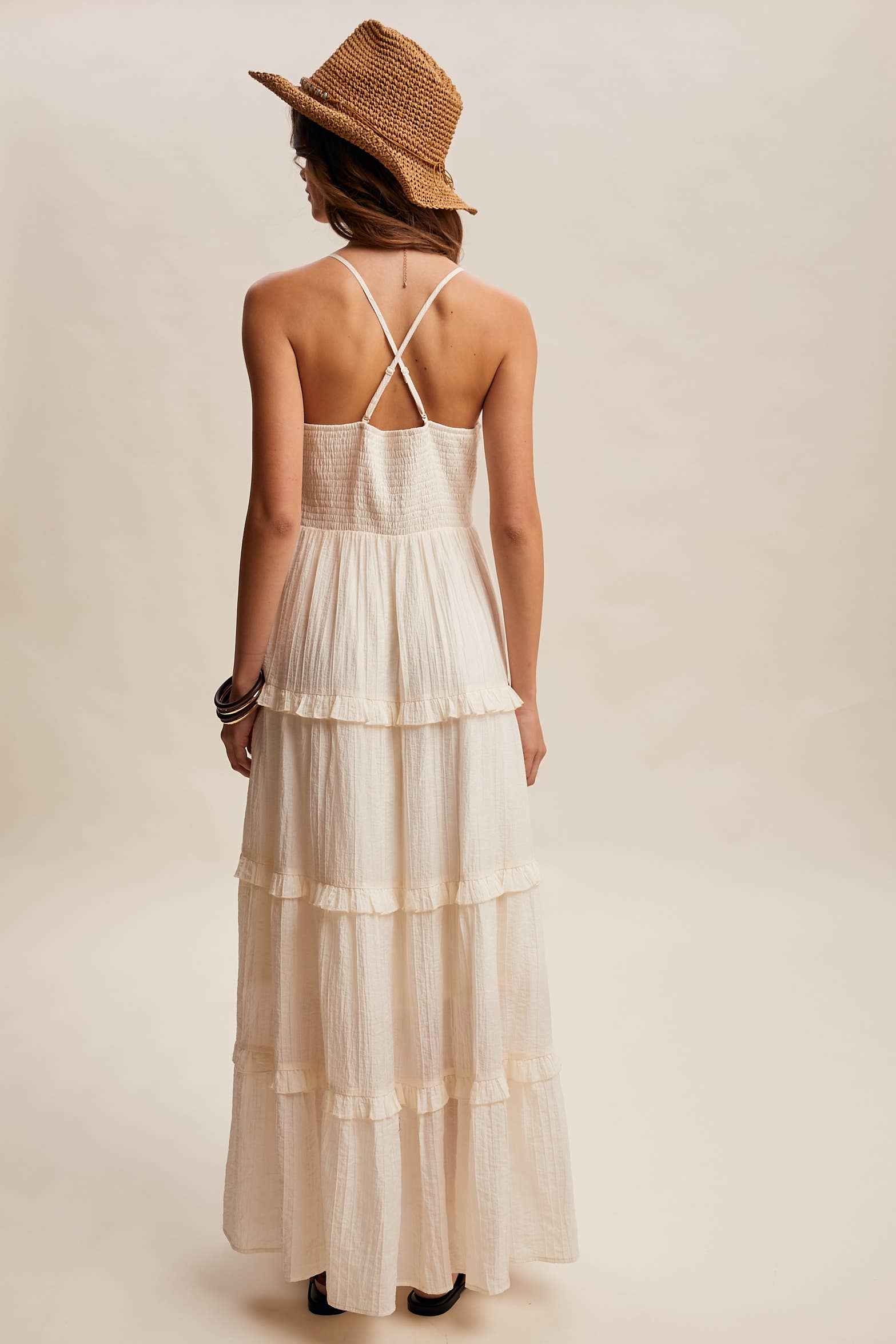 Tiered Spaghetti Strap Maxi Dress LD1393: Cream / Small/ Medium/ Large