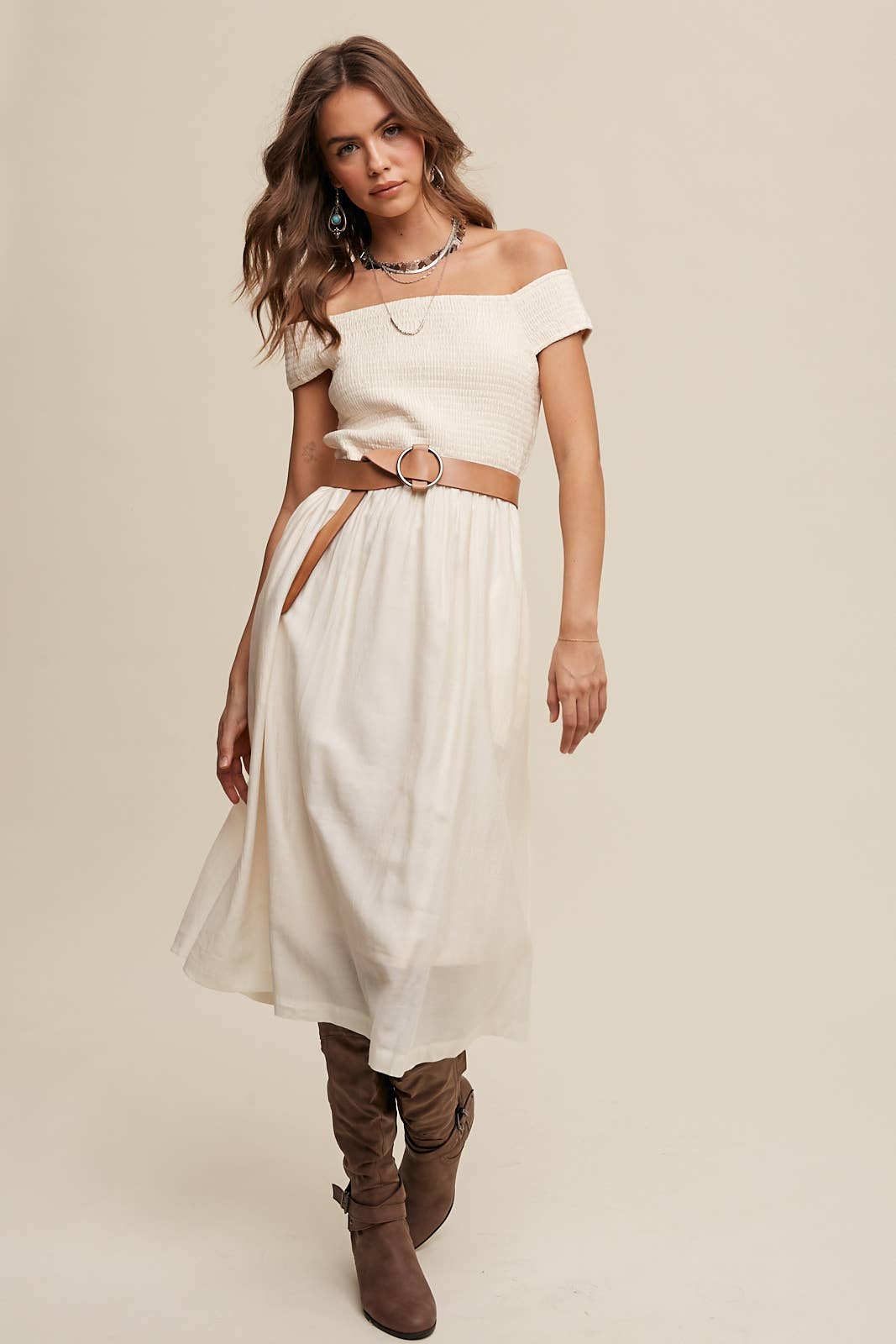 Smocked Bodice Cotton Midi Dress: Pink / S / M / L