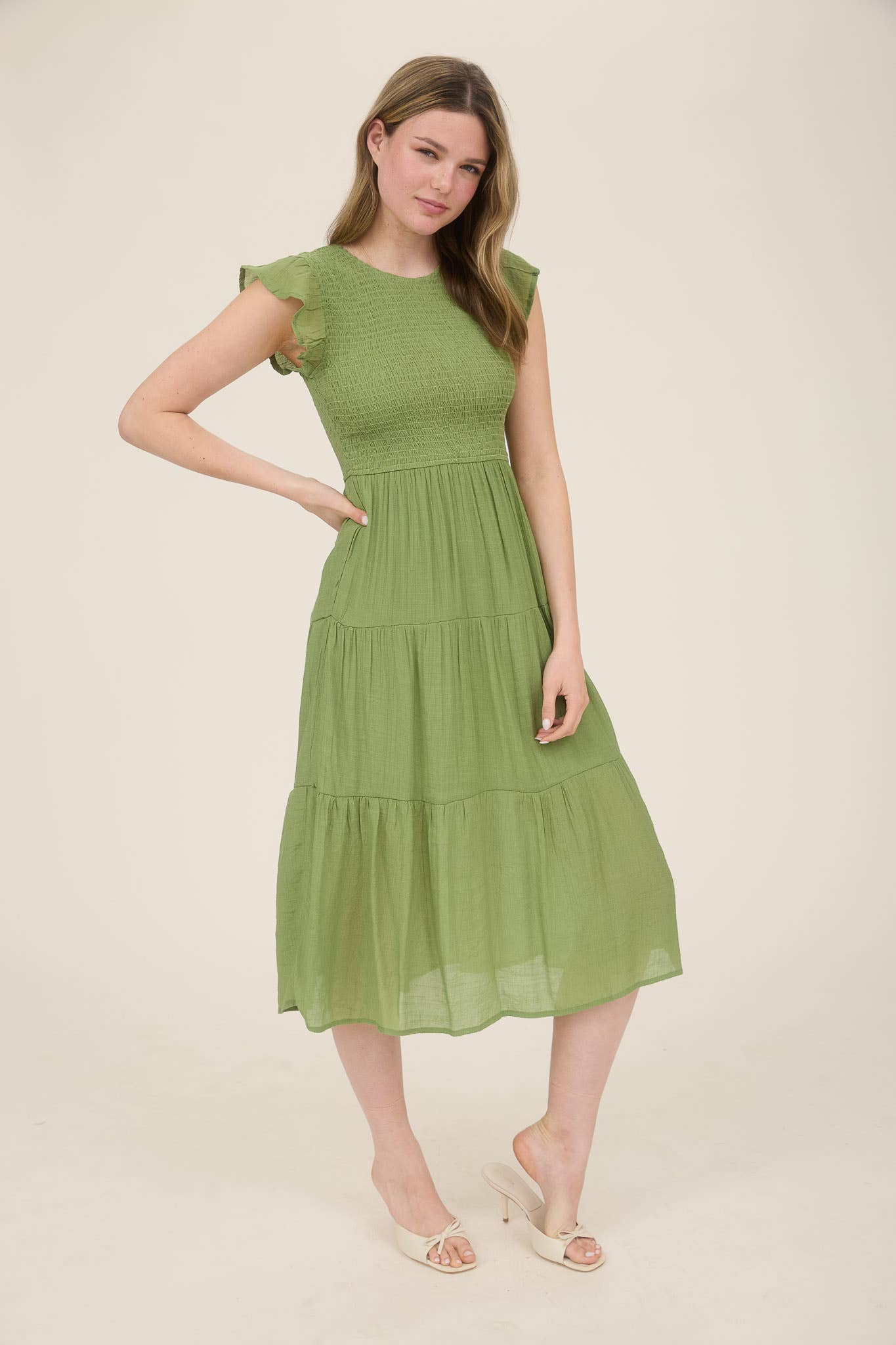 WOMEN SMOCKED TIERED MIDI DRESS HOT PINK S/M/L