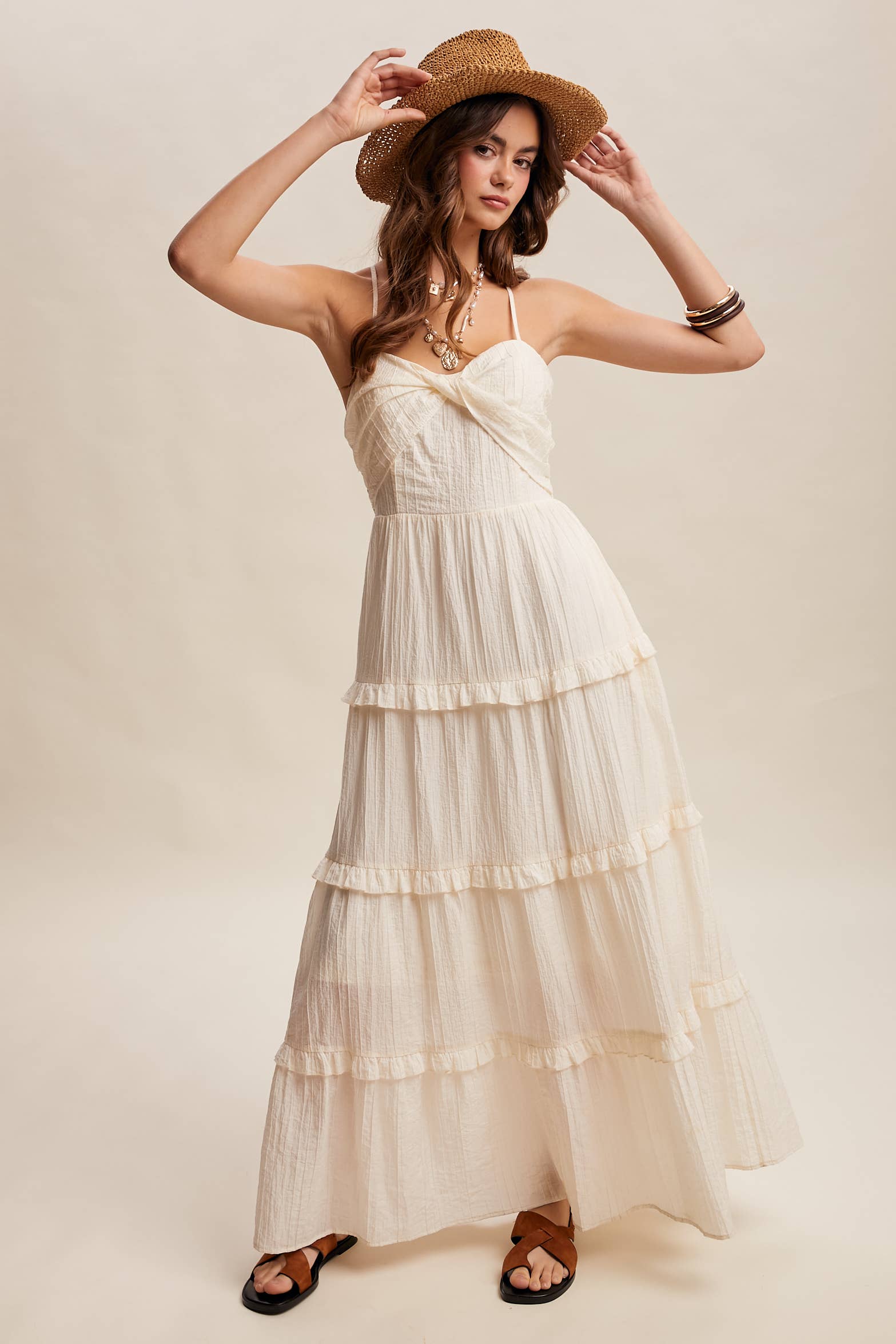 Tiered Spaghetti Strap Maxi Dress LD1393: Cream / Small/ Medium/ Large