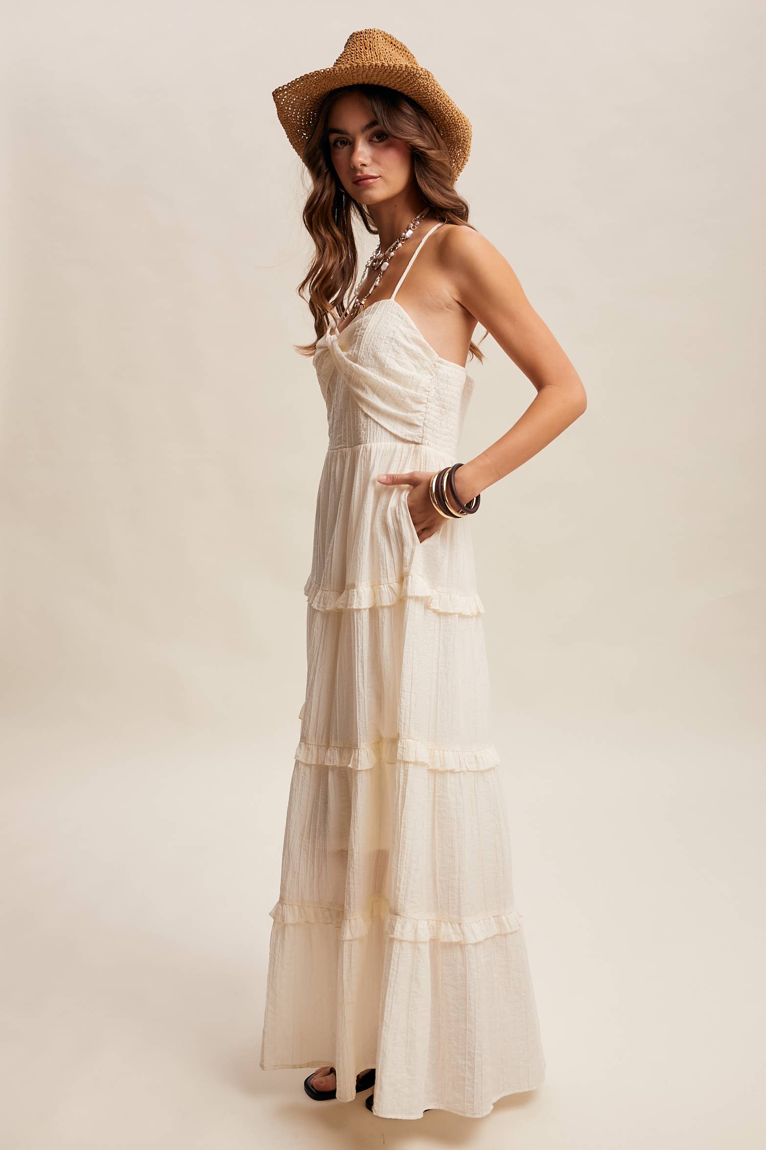 Tiered Spaghetti Strap Maxi Dress LD1393: Cream / Small/ Medium/ Large