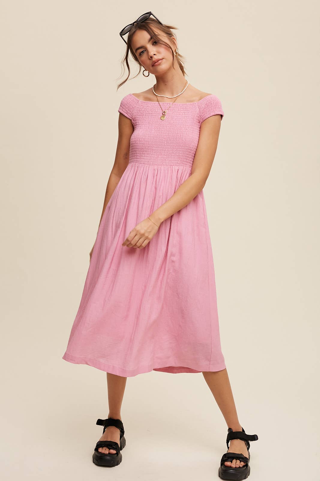 Smocked Bodice Cotton Midi Dress: Pink / S / M / L