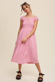 Smocked Bodice Cotton Midi Dress: Pink / S / M / L
