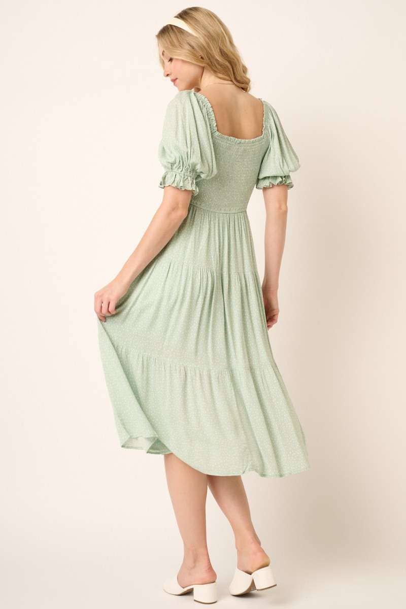 MIDI WOMEN DRESS, SMOCKING BODICE MIDI DRESS: Mint S-M-L