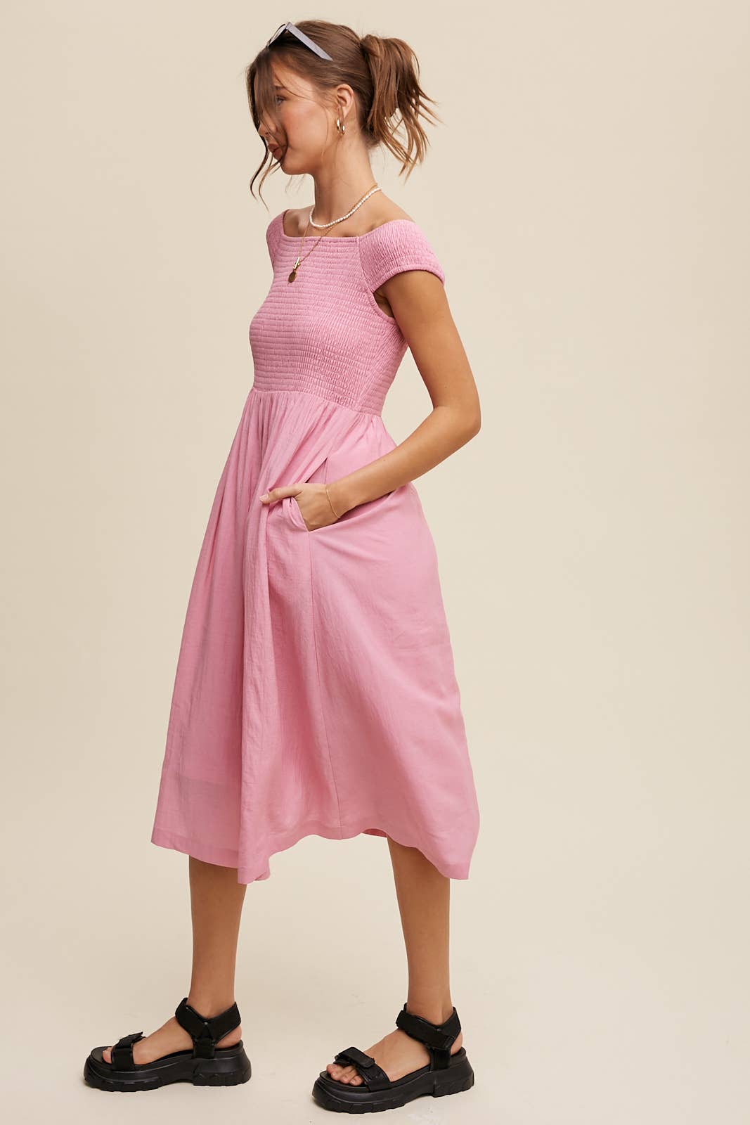 Smocked Bodice Cotton Midi Dress: Pink / S / M / L