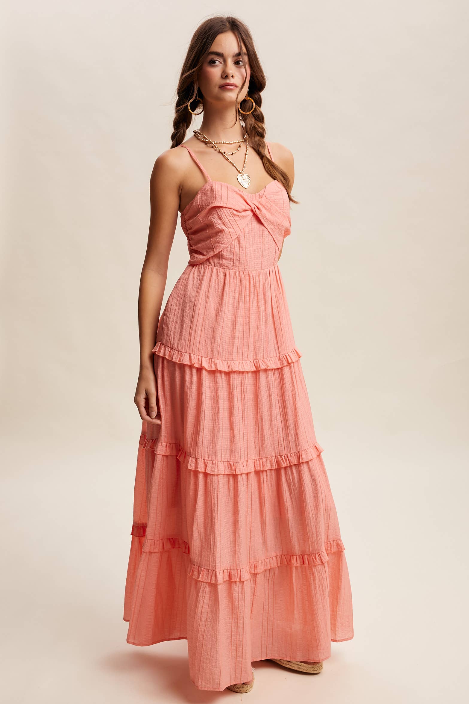 Tiered Spaghetti Strap Maxi Dress LD1393: Peach Coral / S /M/L