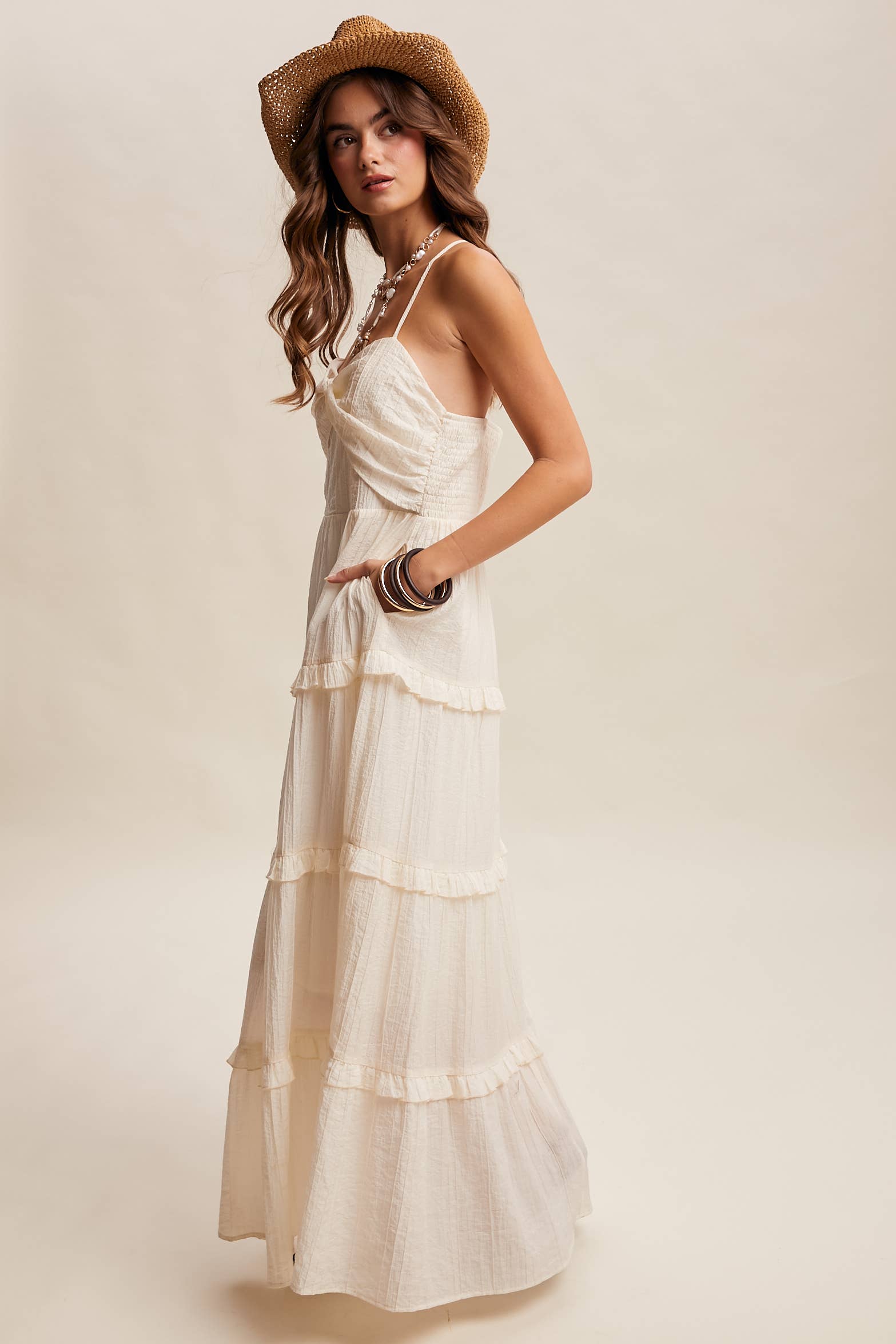 Tiered Spaghetti Strap Maxi Dress LD1393: Cream / Small/ Medium/ Large