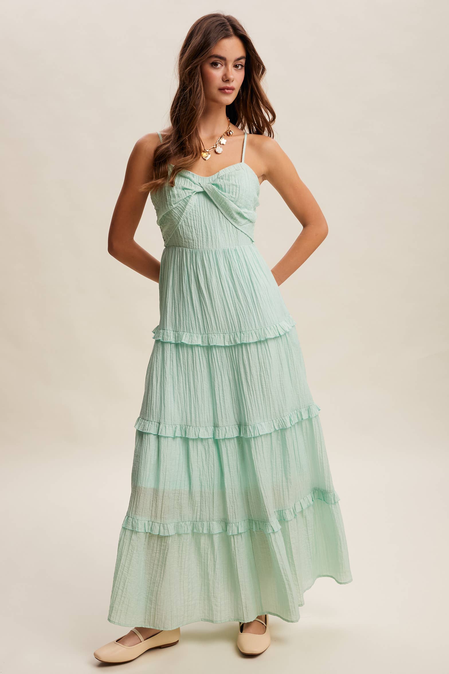 Tiered Spaghetti Strap Maxi Dress LD1393: Cream / Small/ Medium/ Large