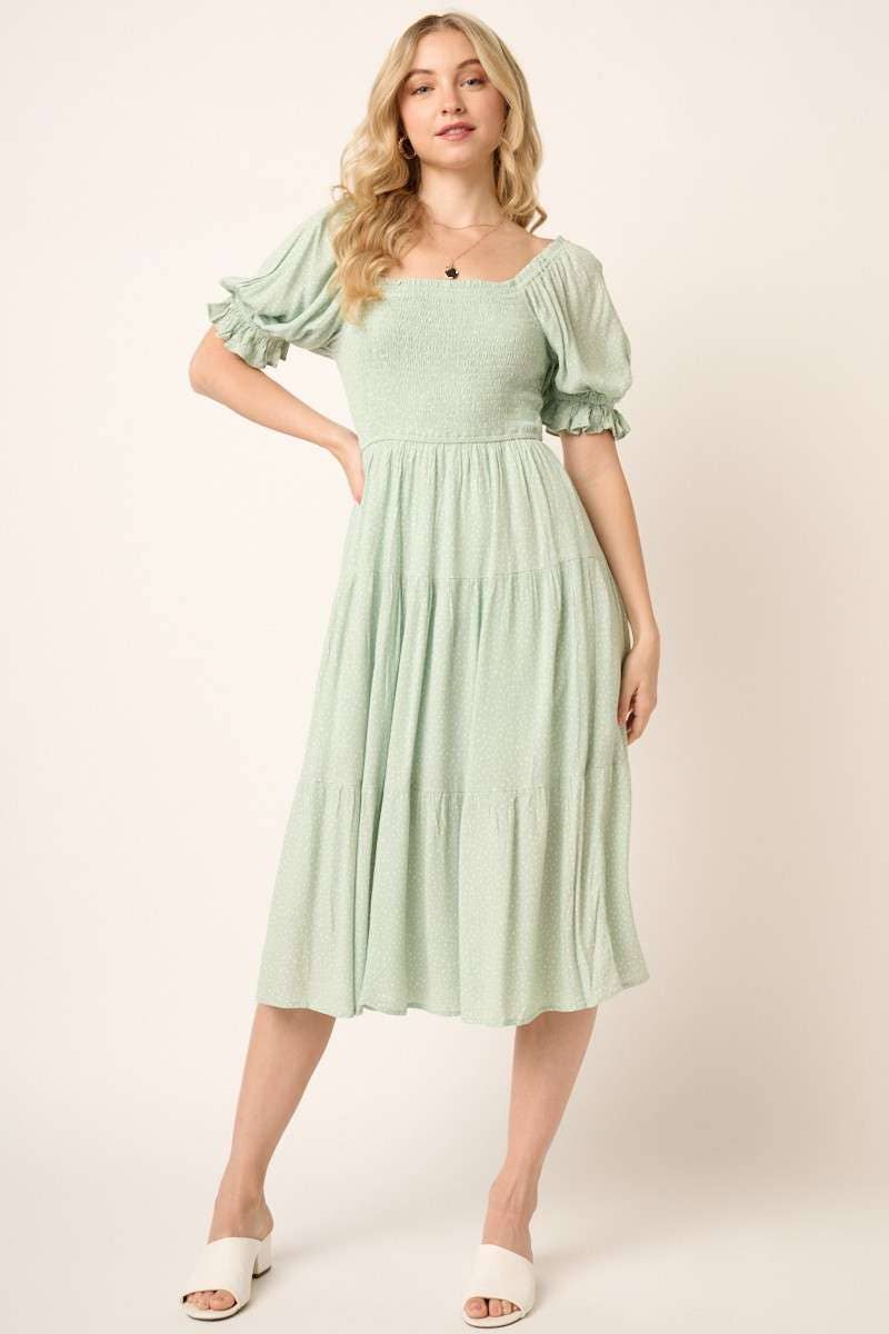 MIDI WOMEN DRESS, SMOCKING BODICE MIDI DRESS: Mint S-M-L