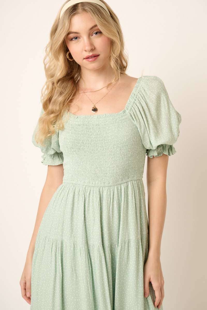 MIDI WOMEN DRESS, SMOCKING BODICE MIDI DRESS: Mint S-M-L