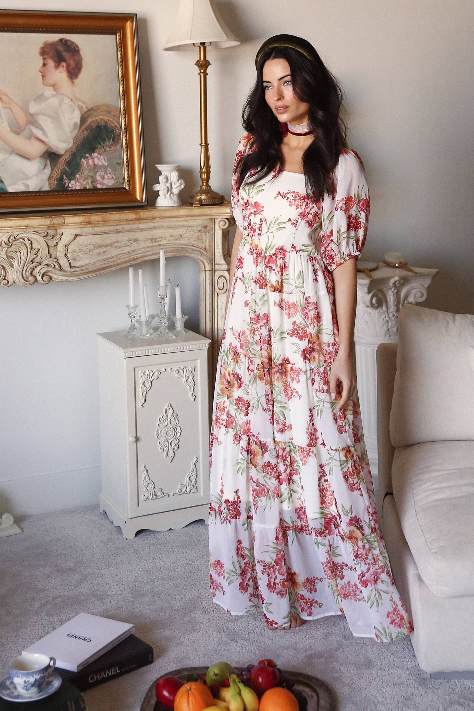 Floral Tiered Maxi Dress: Cream / M