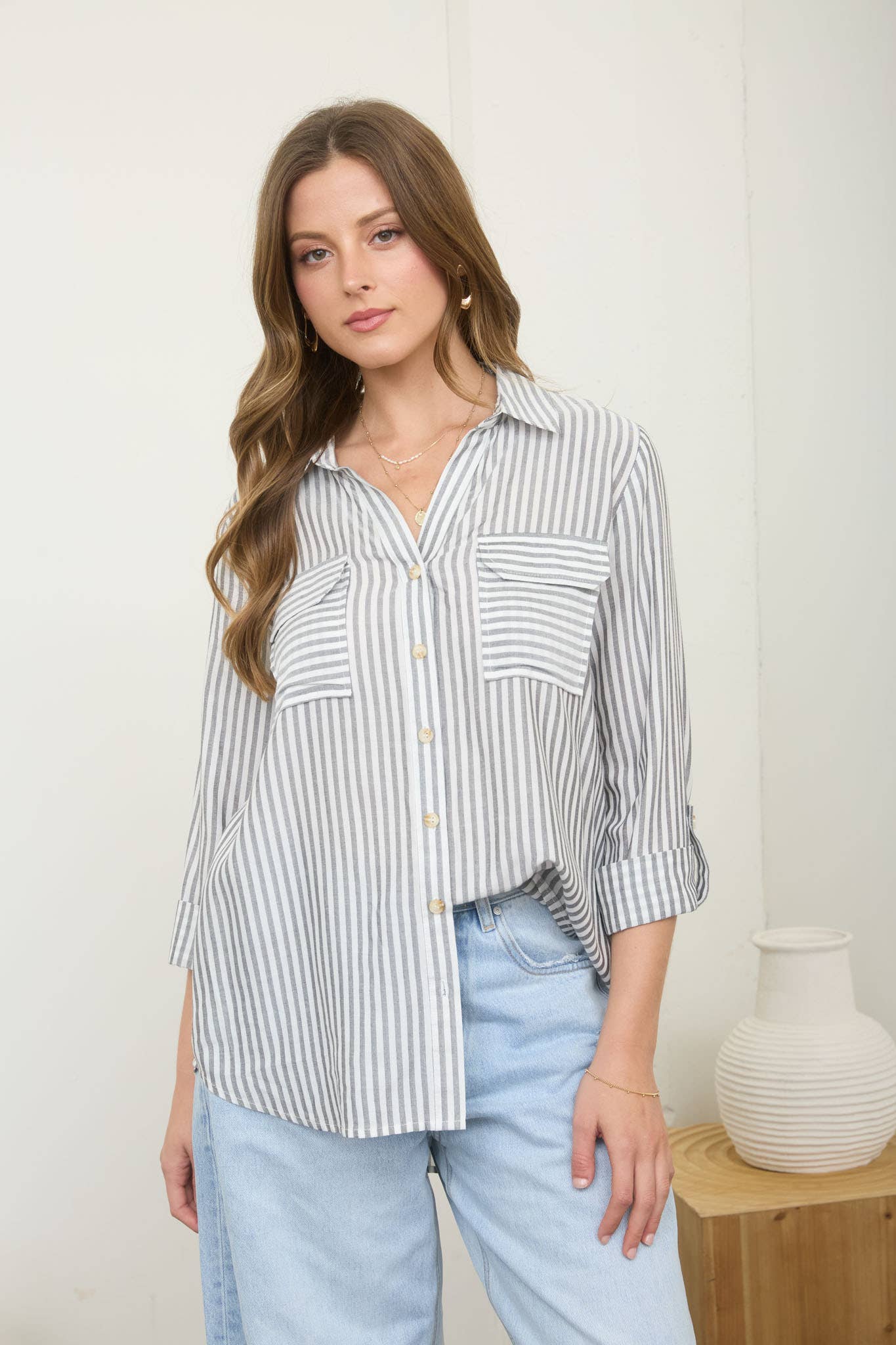 BUTTON UP SHIRT FOR WOMEN, STRIPE COLLARED BUTTON DOWN LIGHTWEIGHT : BLACK