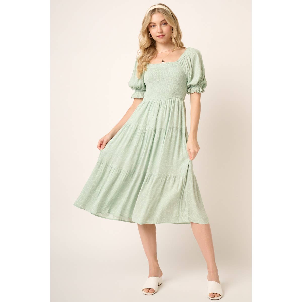 MIDI WOMEN DRESS, SMOCKING BODICE MIDI DRESS: Mint S-M-L