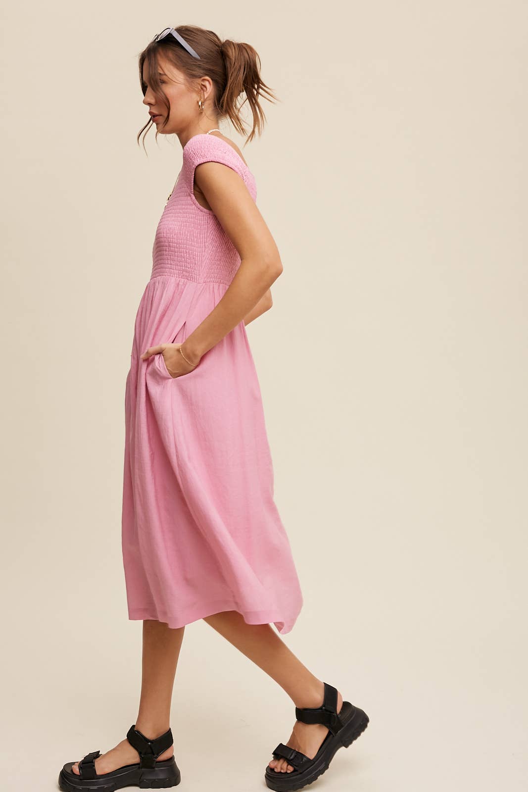 Smocked Bodice Cotton Midi Dress: Pink / S / M / L