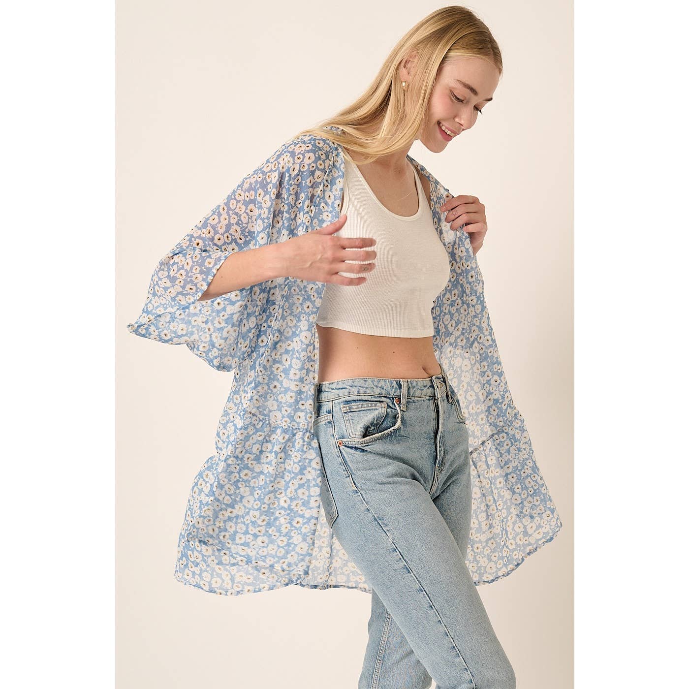 KIMONO FLOWER PRINT CHIFFON DUSTER: BLUE  S-M-L