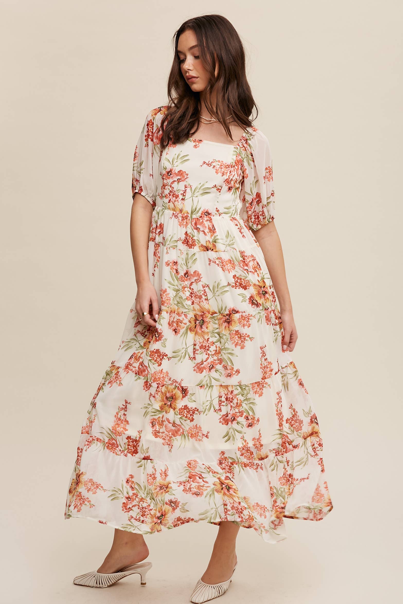 Floral Tiered Maxi Dress: Cream / M