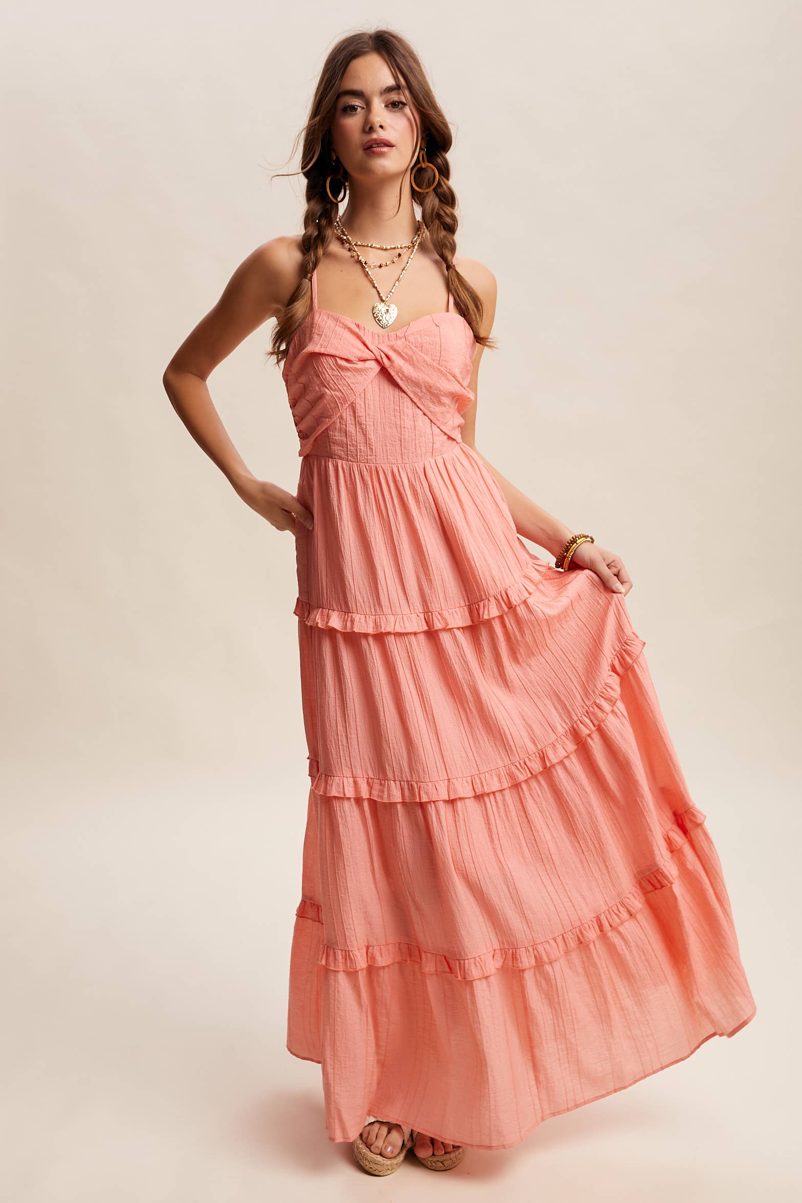 Tiered Spaghetti Strap Maxi Dress LD1393: Cream / Small/ Medium/ Large