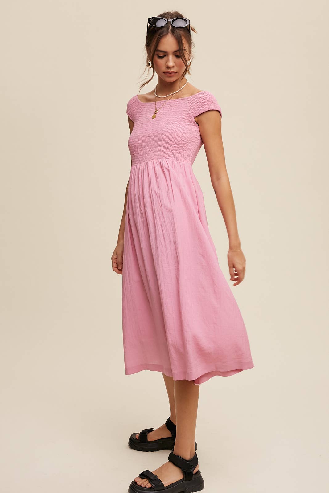 Smocked Bodice Cotton Midi Dress: Pink / S / M / L