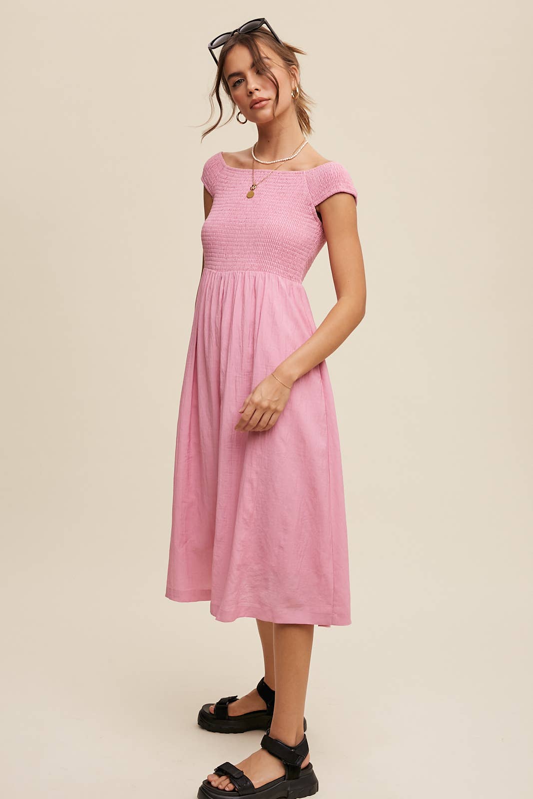 Smocked Bodice Cotton Midi Dress: Pink / S / M / L
