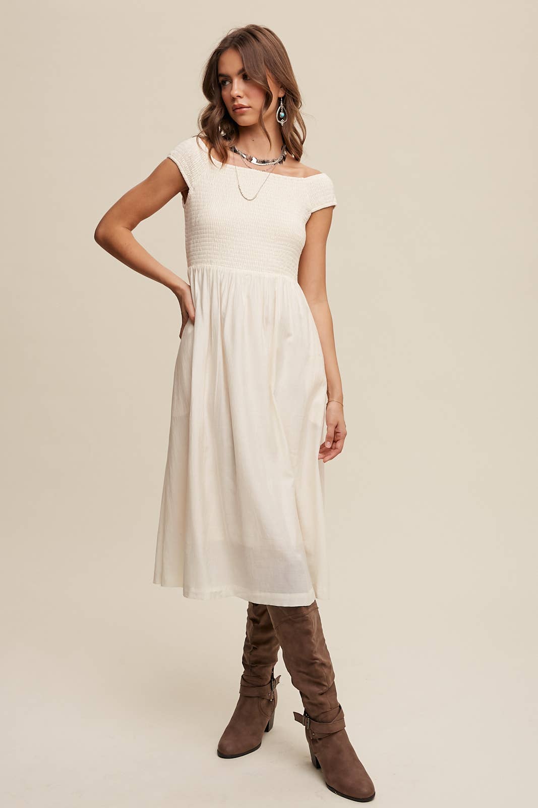 Smocked Bodice Cotton Midi Dress: Pink / S / M / L